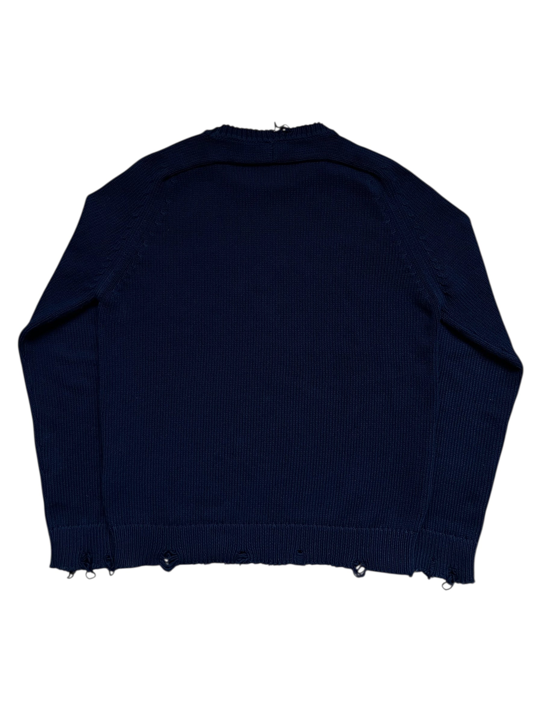 Saint Laurent AW23 distressed navy knit sweater with a relaxed fit and textured knit pattern.