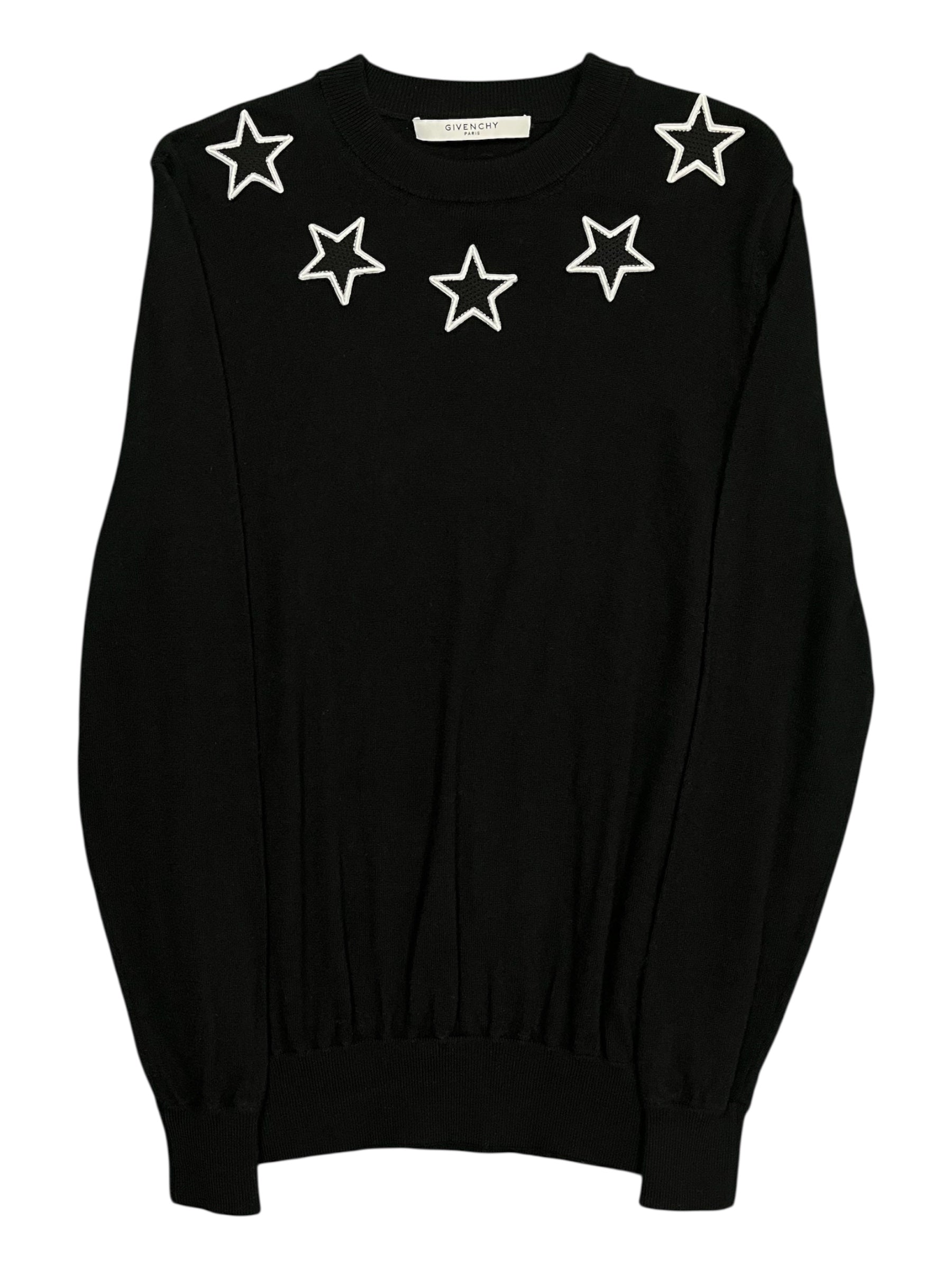 Givenchy FW17 Star Knit, close-up of navy knit sweater featuring star patterns and ribbed cuffs and neckline.