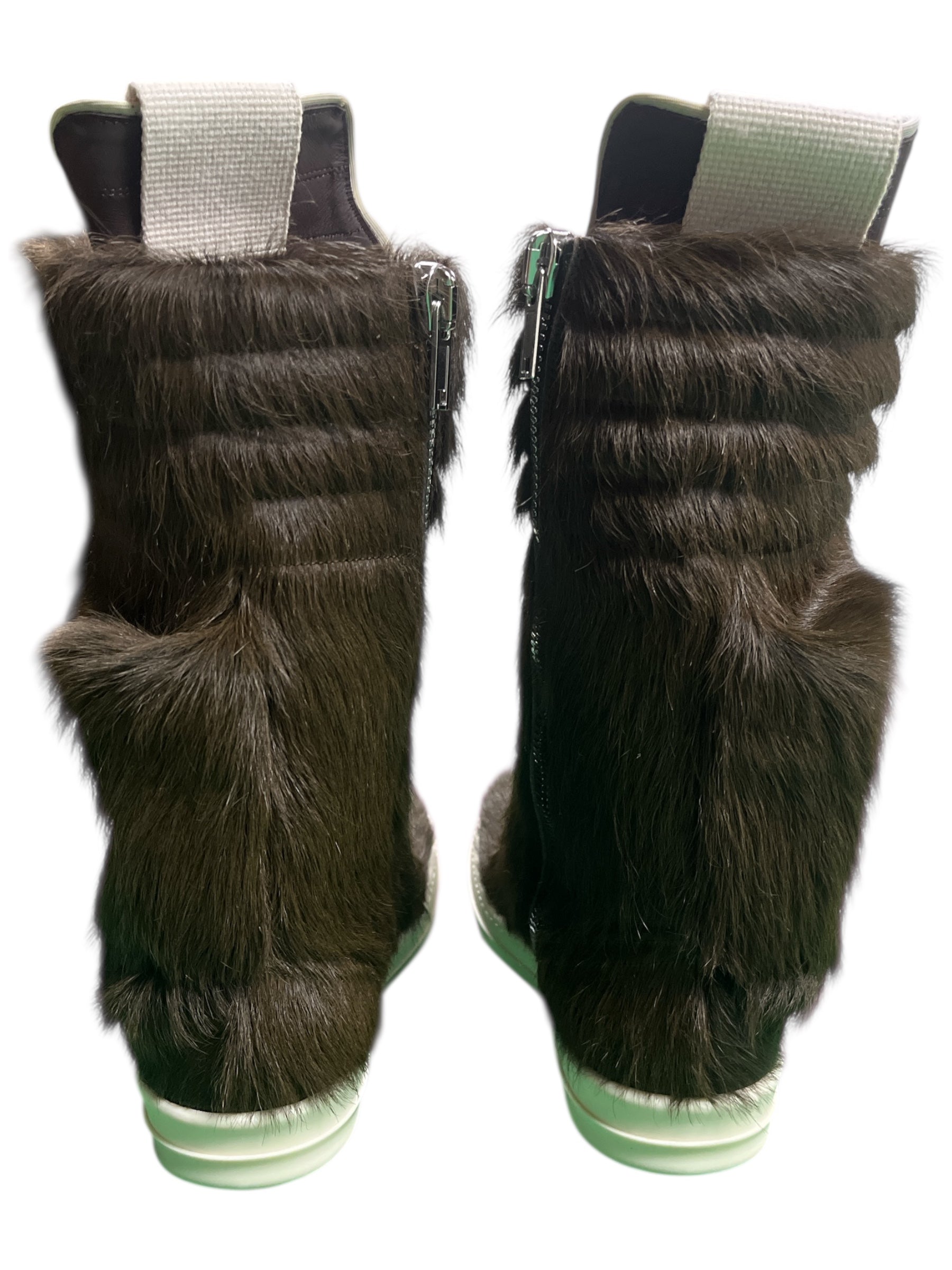 Rick Owens FW23 Luxor brown pony hair cargo geobasket sneakers, stylish shoes with textured pony hair and rugged design.