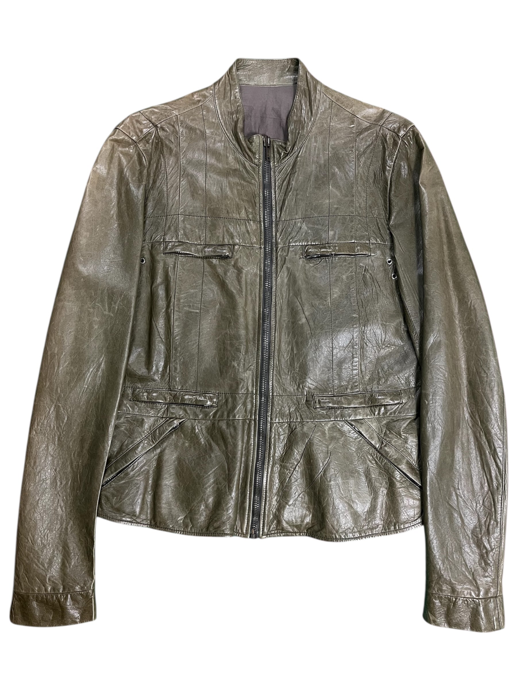 Rick Owens AW04 Queen runway green lambskin jacket, stylish leather jacket with sleek design and textured leather finish.