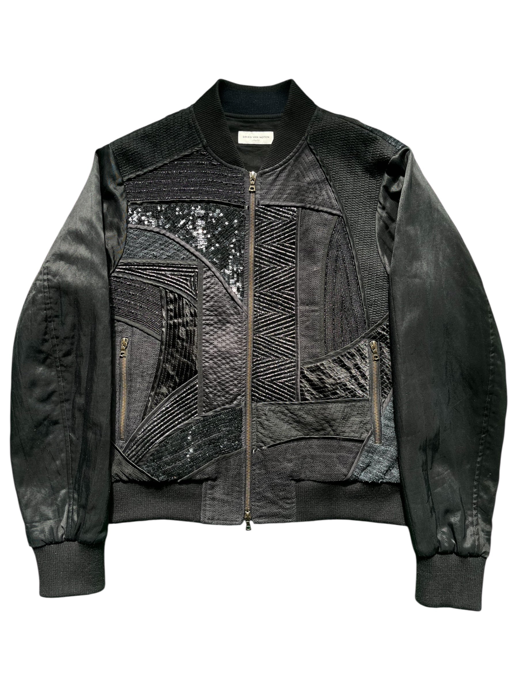 Dries Van Noten SS17 patchwork bomber jacket with mixed fabrics, front zip closure, and ribbed collar and cuffs.