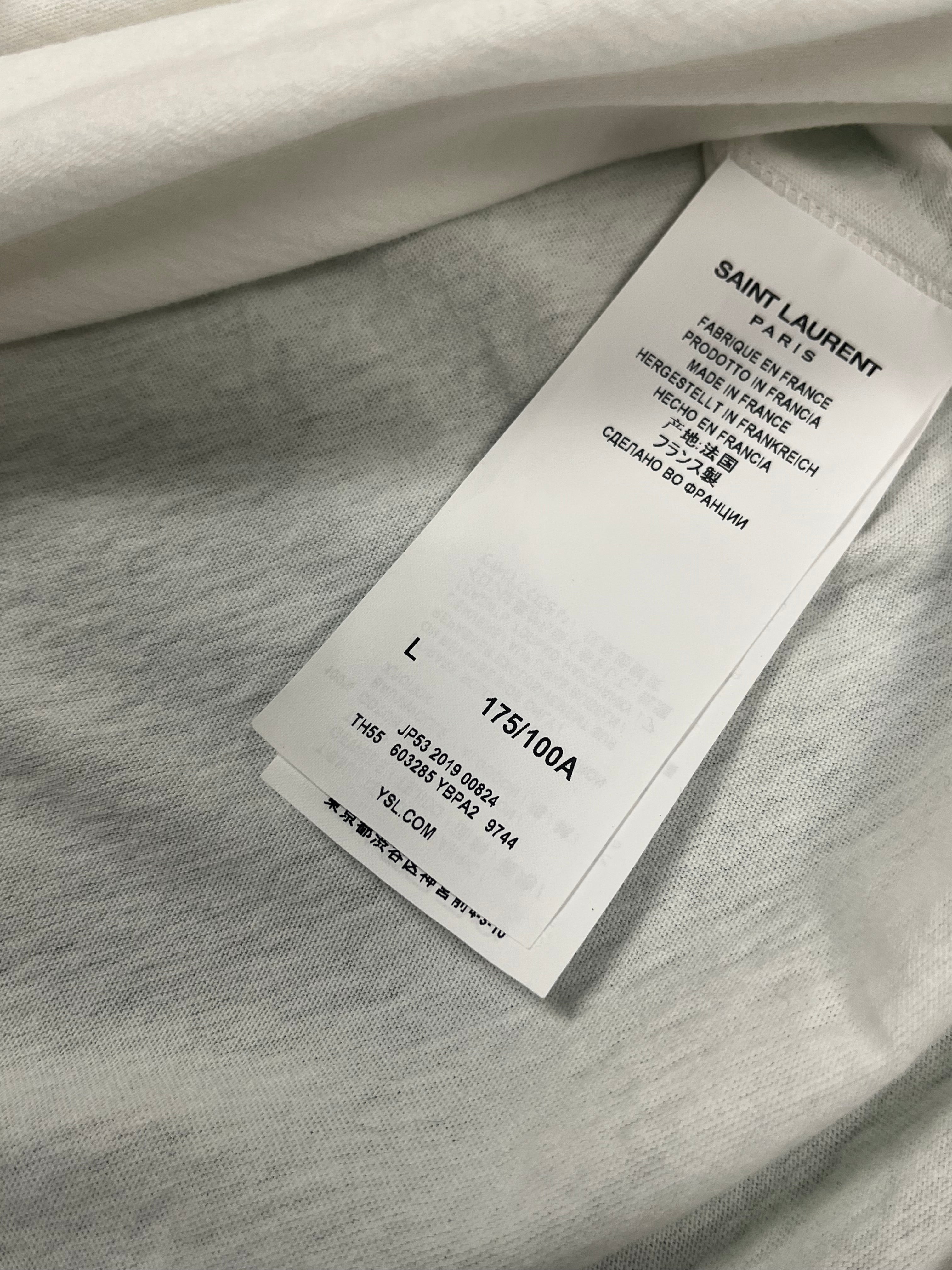Saint Laurent SS19 palm tree T-shirt featuring a relaxed fit with palm tree graphic on soft fabric, casual summer style.