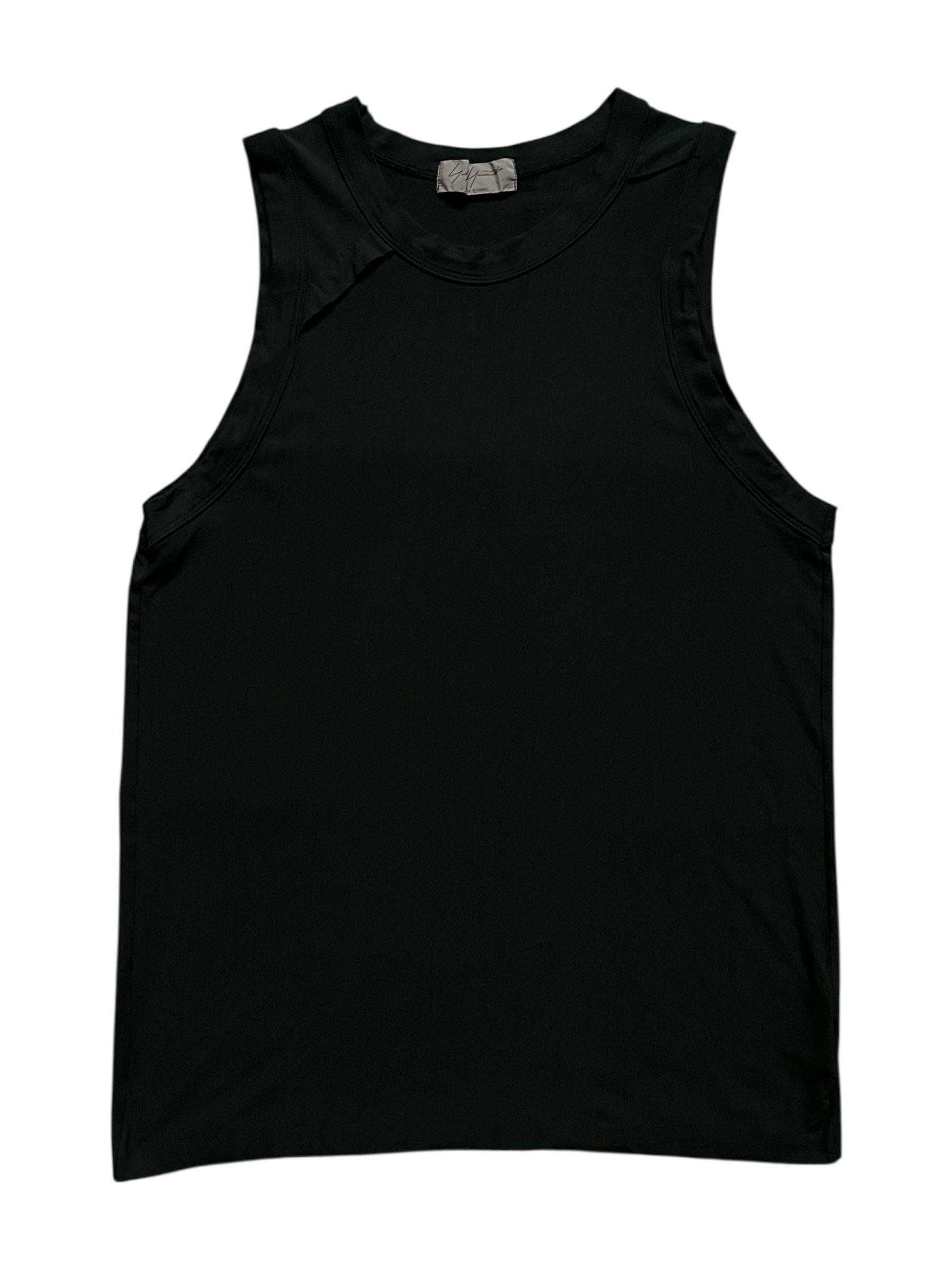 Navy Yohji Yamamoto tank top displayed flat, showcasing its simple design and smooth fabric texture.