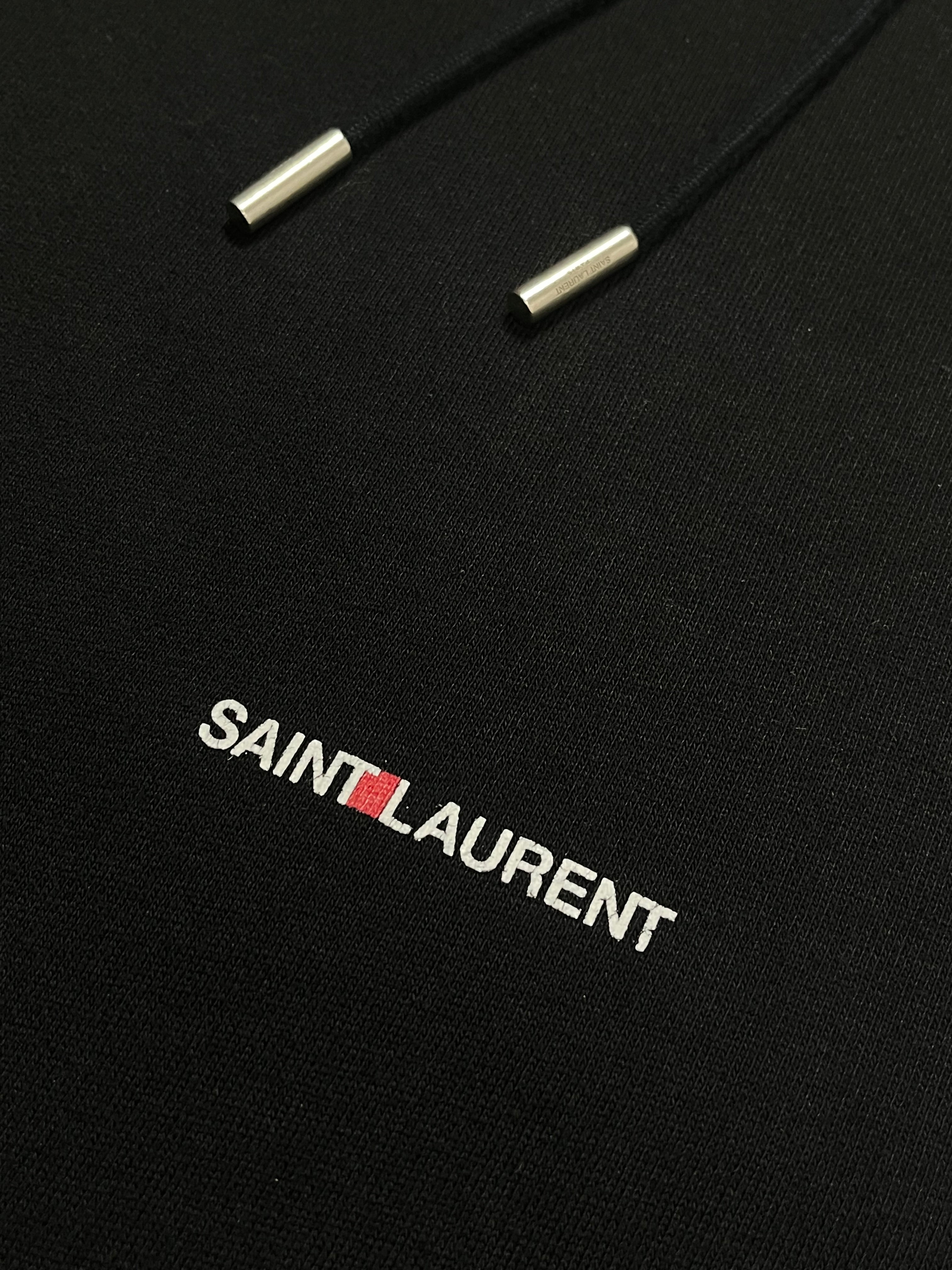 Saint Laurent SS17 small logo hoodie, black hoodie with subtle logo embroidery on the chest, casual and stylish men's apparel