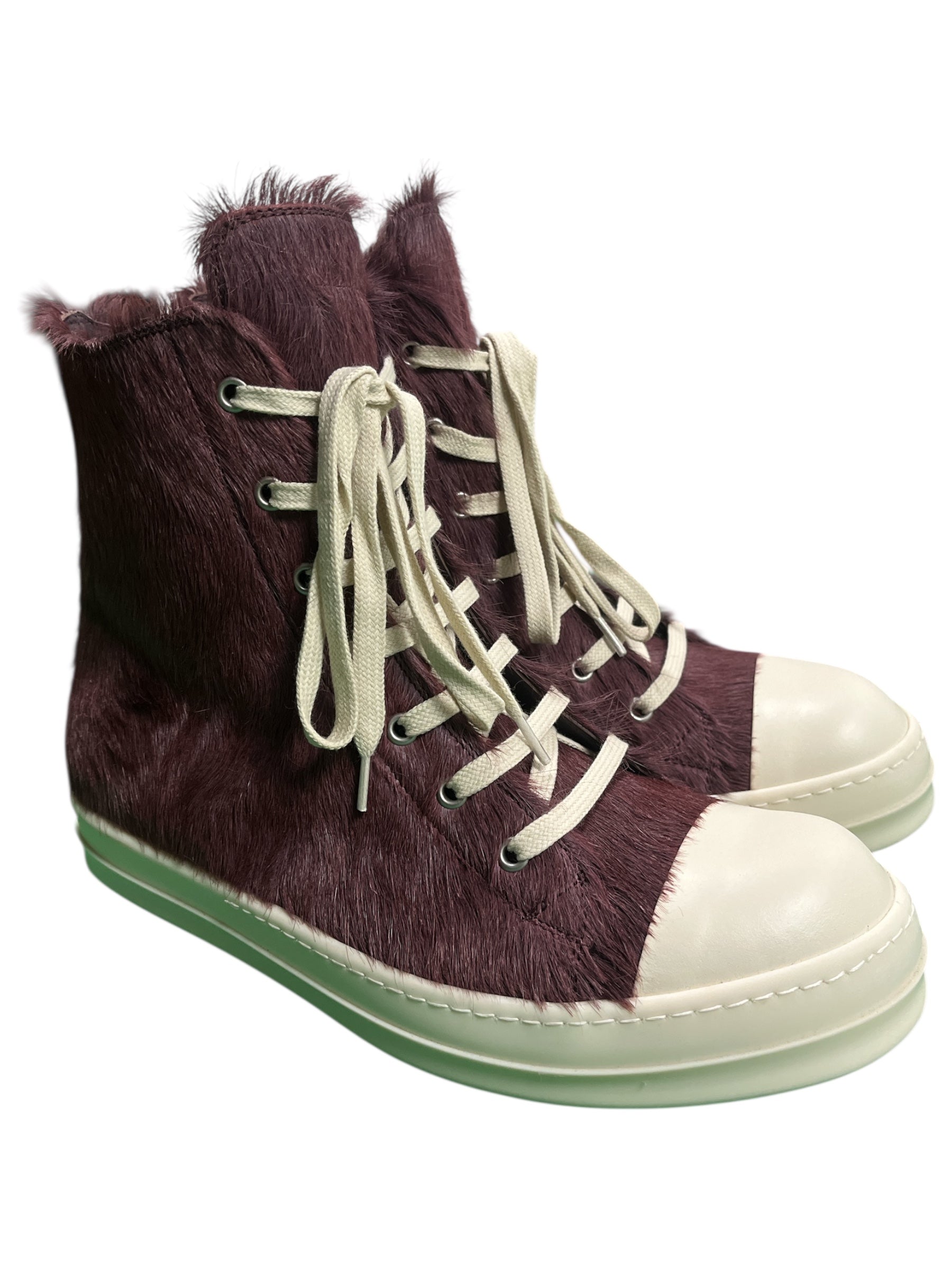 Rick Owens FW23 Luxor Amethyst Pony Hair Ramone Sneakers with sleek design and textured purple pony hair material.