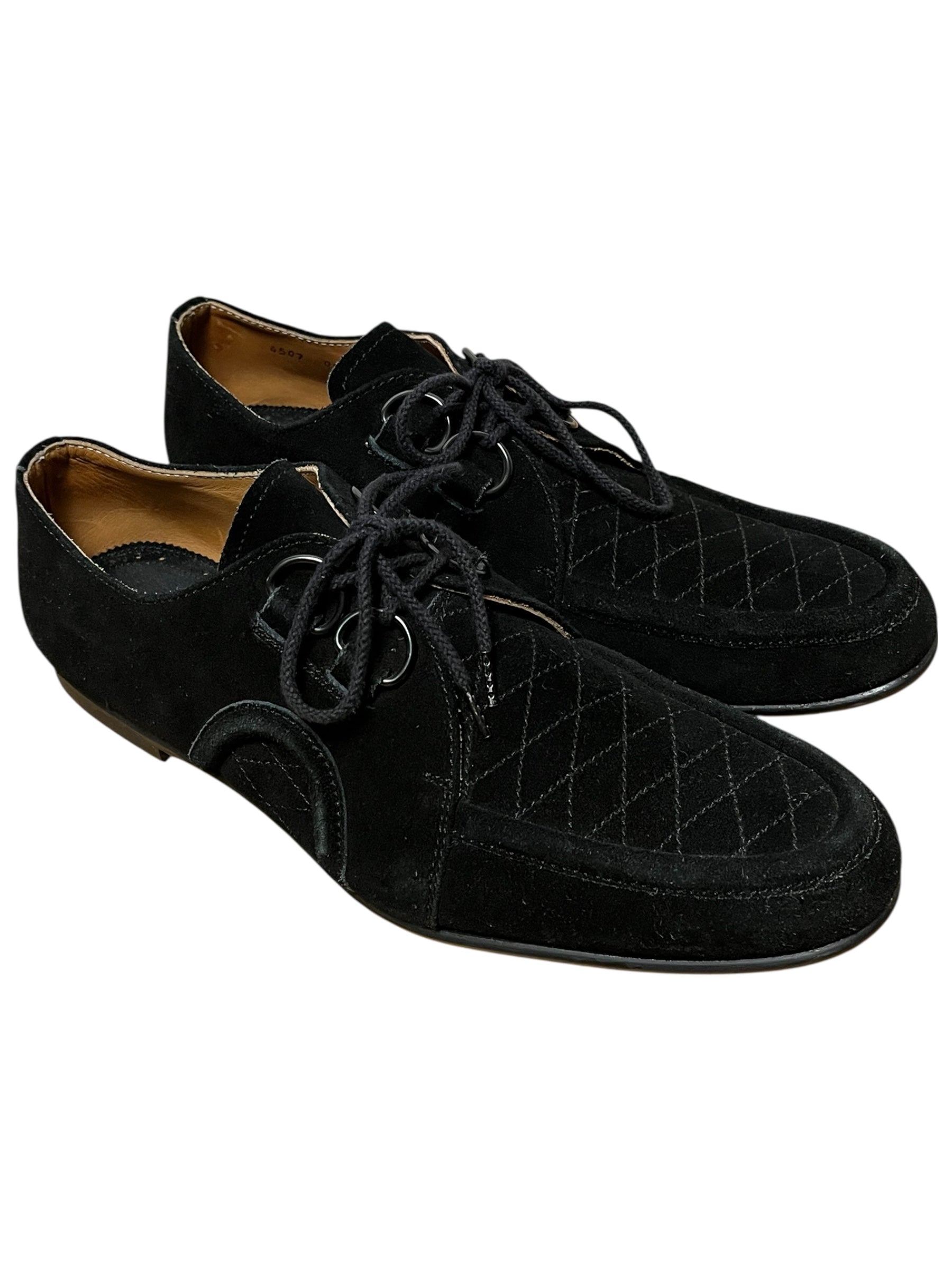 Number (N)ine AW04 "Give Peace A Chance" quilted suede derby shoes with detailed stitching and classic lace-up design.