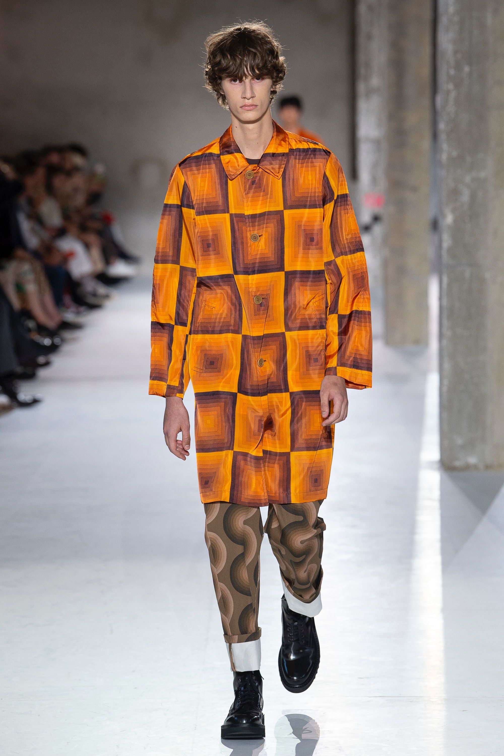 Dries Van Noten SS19 Verner Panton nylon coat in vibrant color, shown on a hanger with sleek design and smooth fabric.