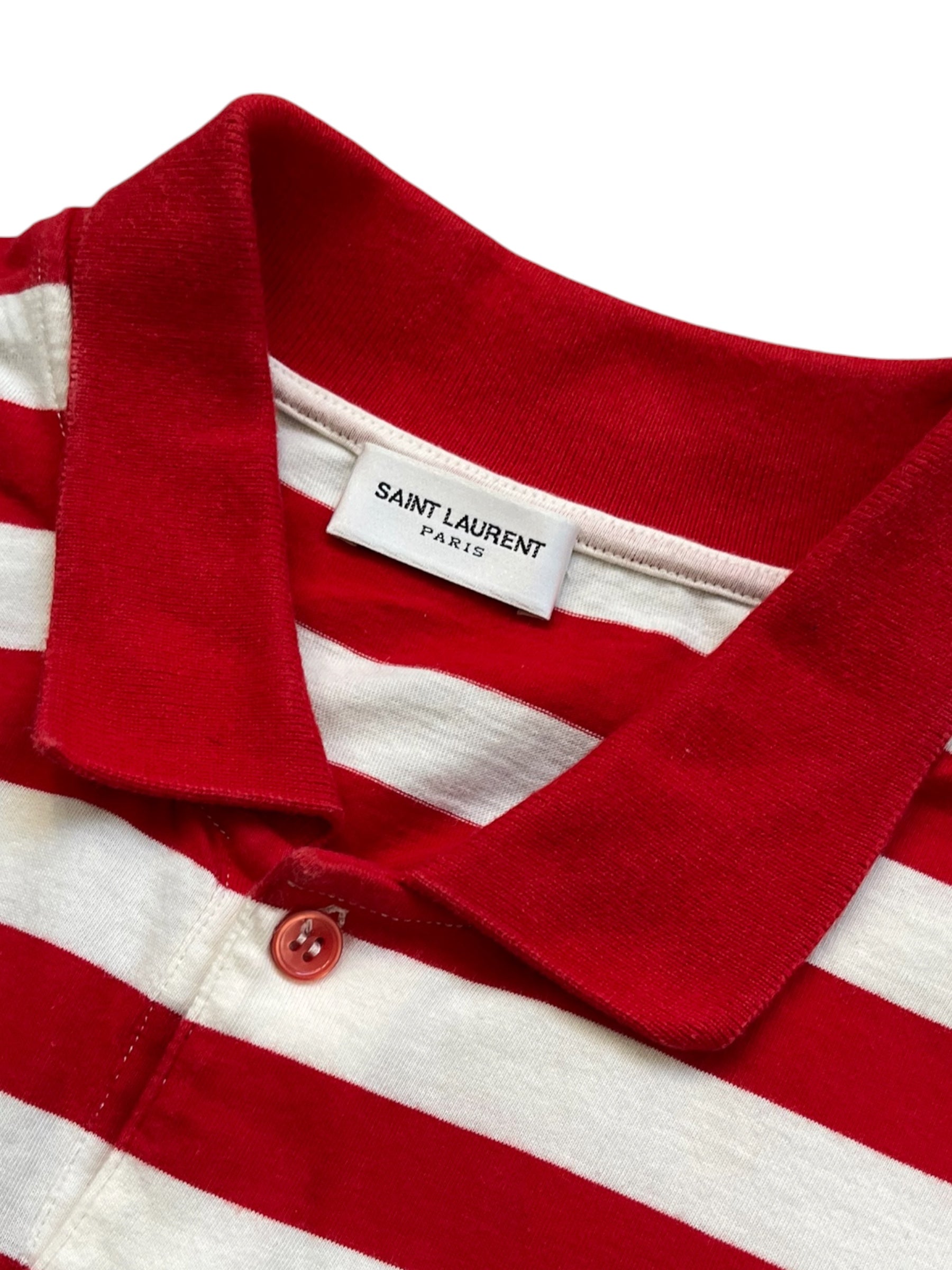 Saint Laurent SS14 striped polo shirt showing a classic collar and blue, white, and red horizontal stripes.