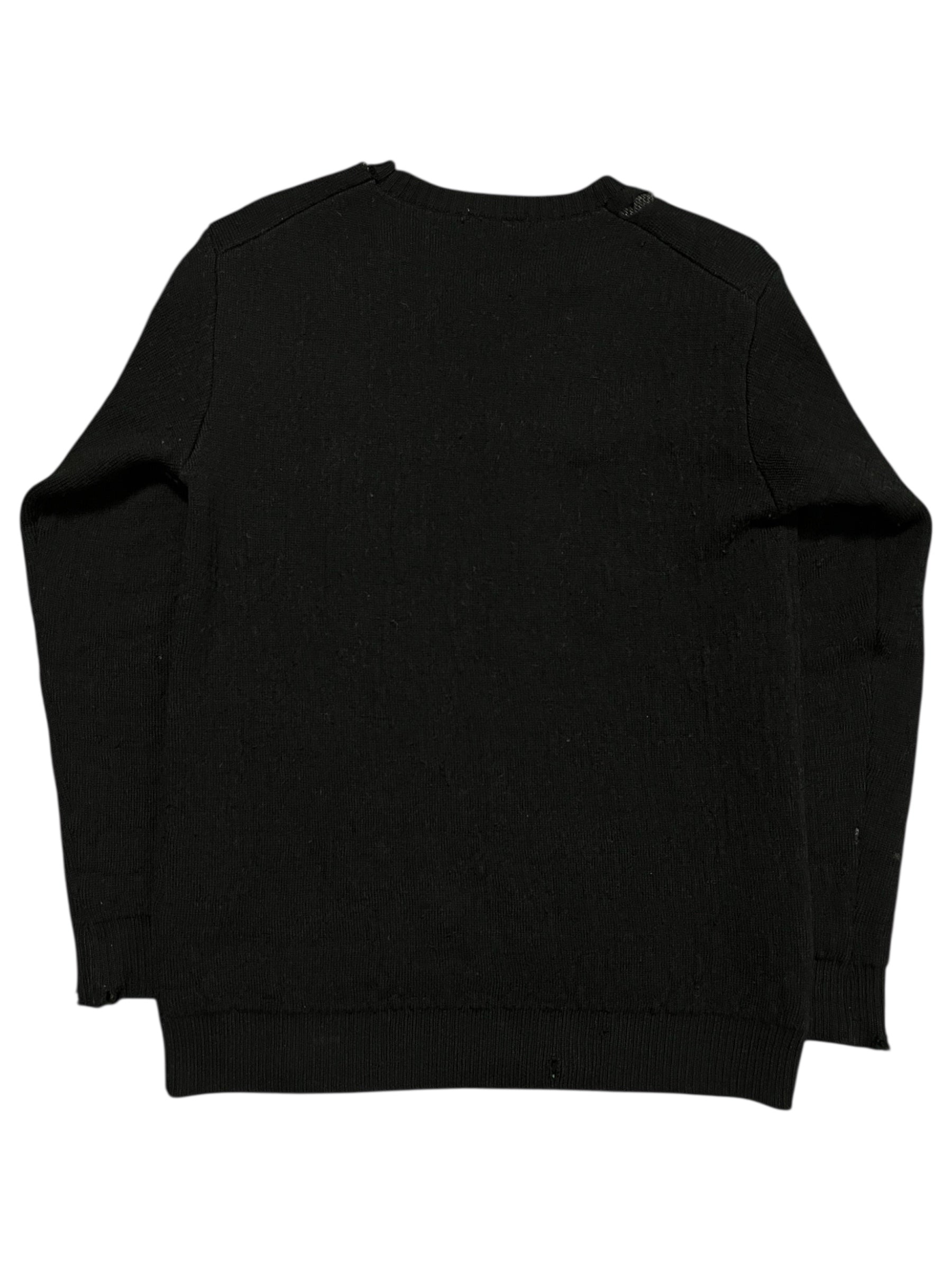 Yohji Yamamoto AW15 distressed wool knit sweater with a textured, worn-in appearance and relaxed fit.