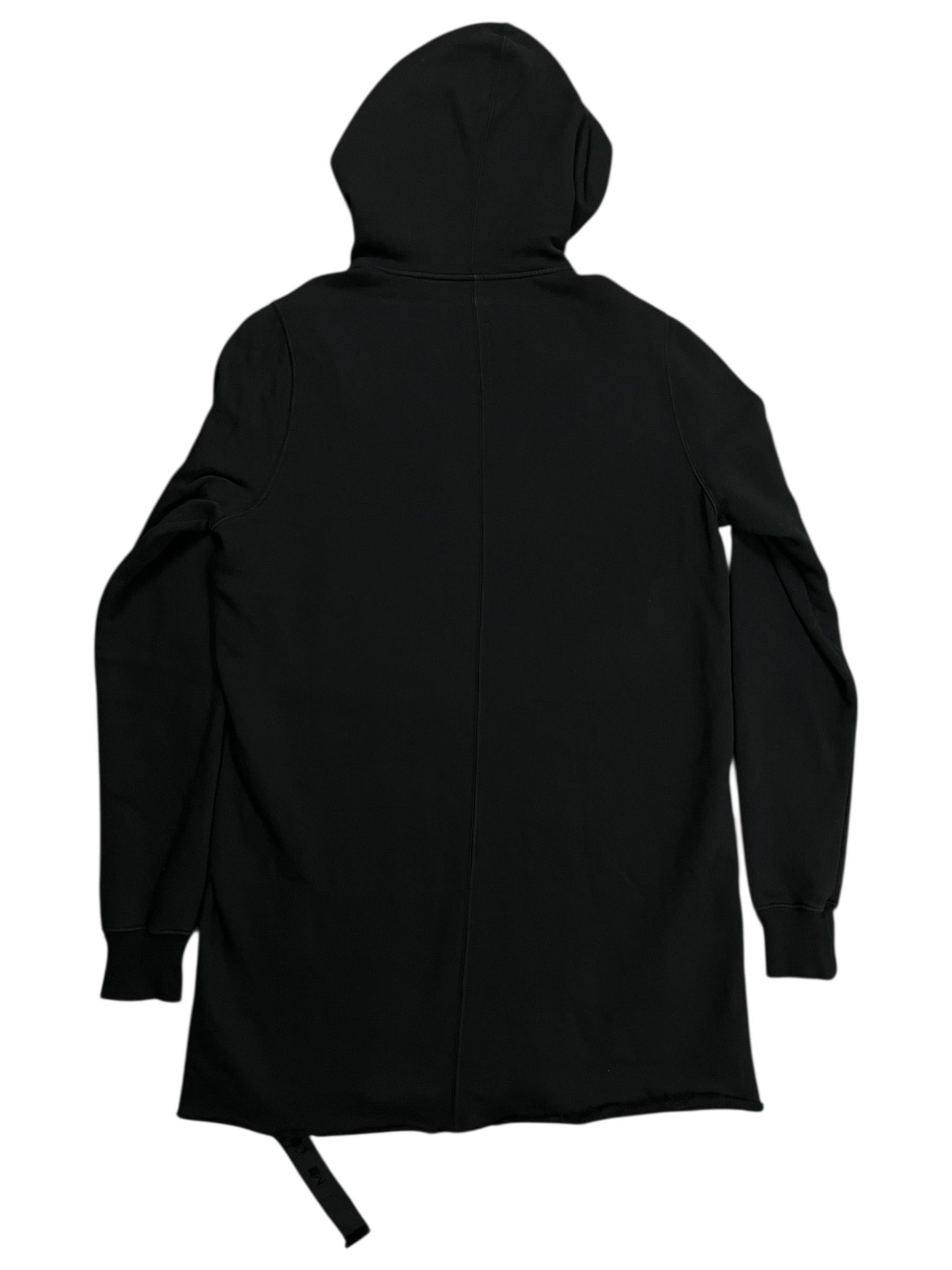 Rick Owens SS21 DRKSHDW long hoodie displayed in black, featuring a relaxed fit and minimalist design.