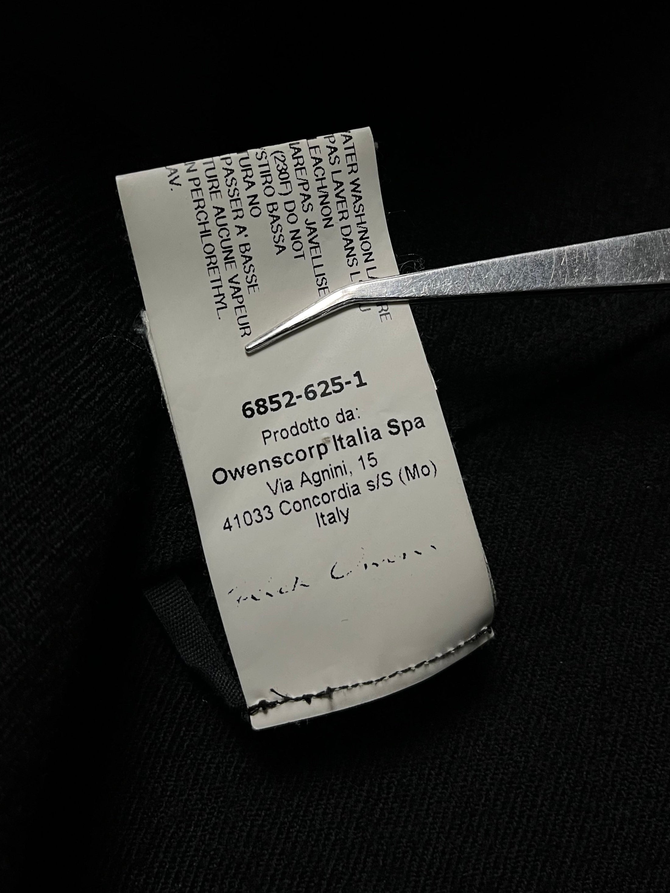 Rick Owens FW16 Mastodon wool gabardine overshirt, close-up view showing dark fabric and tailored design.