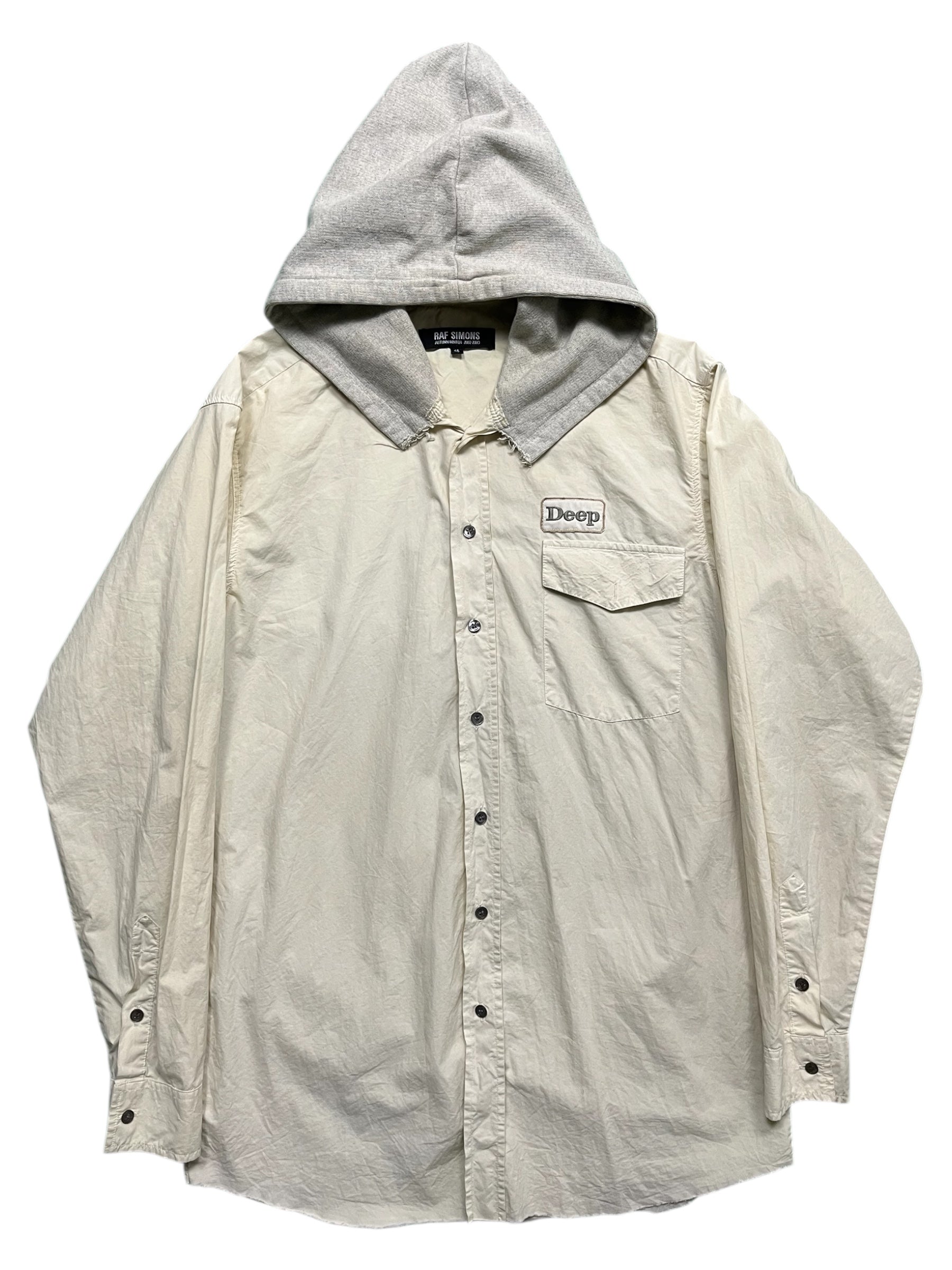 Raf Simons Virginia Creeper deep hooded shirt in dark fabric, featuring a relaxed fit and hooded design.