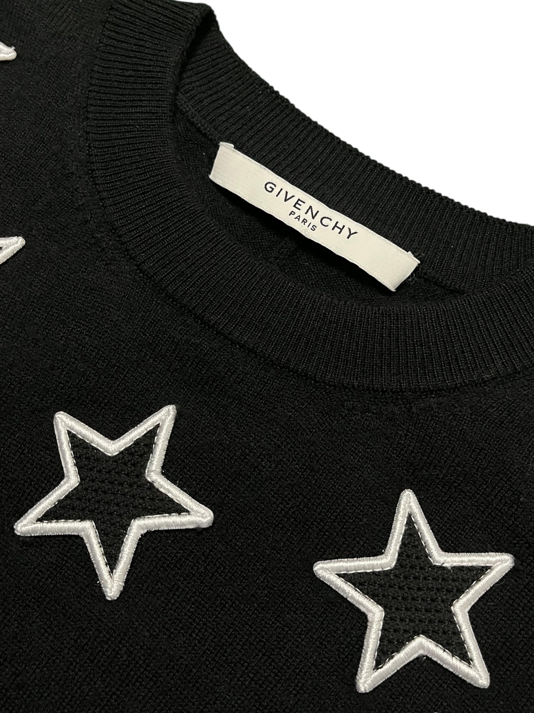 Givenchy FW17 Star Knit, close-up of the black knit sweater featuring star patterns and intricate stitching.