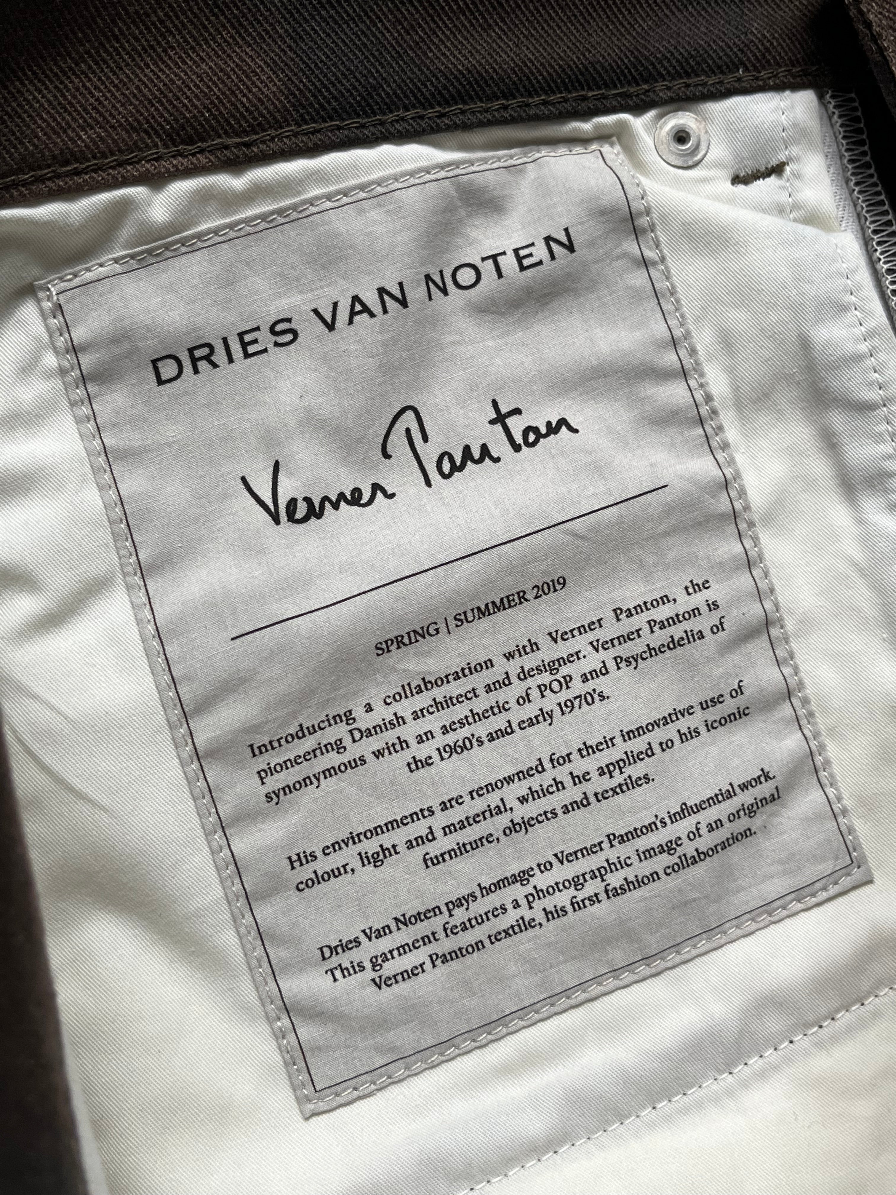 Dries Van Noten SS19 Verner Panton denim pants with classic fit, visible stitching, and five-pocket design on a neutral background.