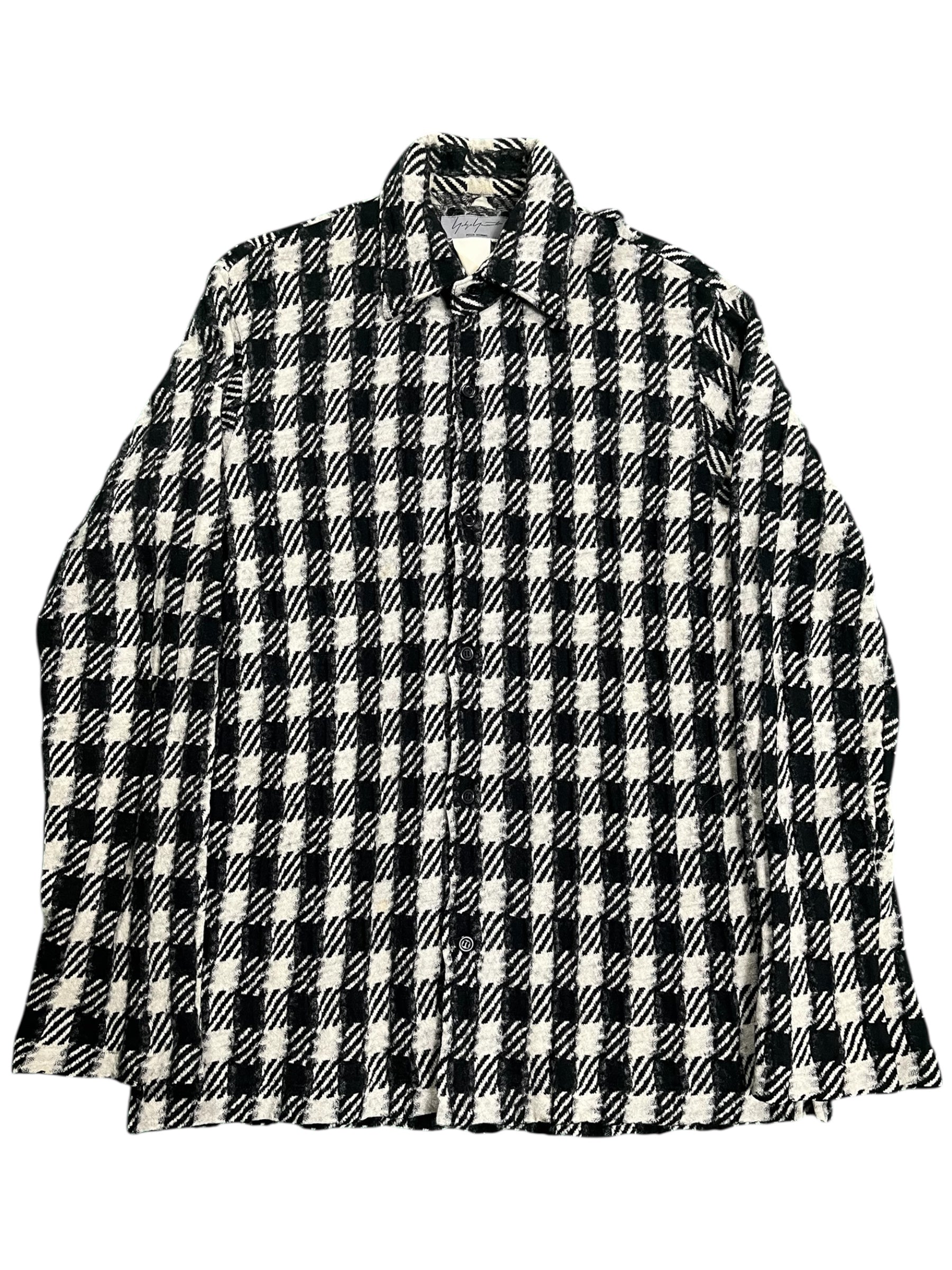 Yohji Yamamoto AW03 checkered wool flannel shirt with black and white pattern, button-up style, and classic collar.