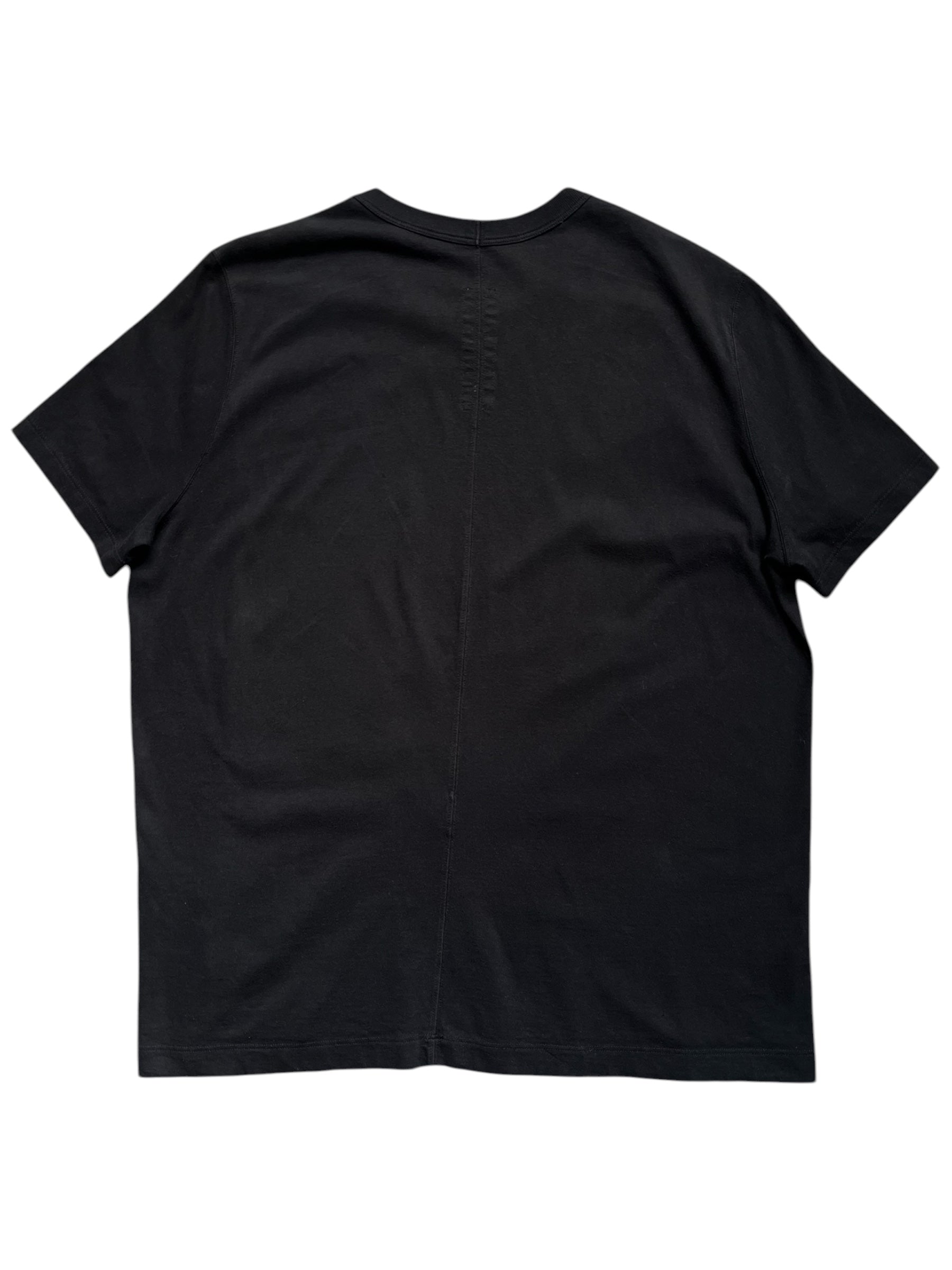 Black Rick Owens SS23 "EDFU" Level T-shirt displayed on a model, showcasing a sleek, minimalist design with subtle branding.