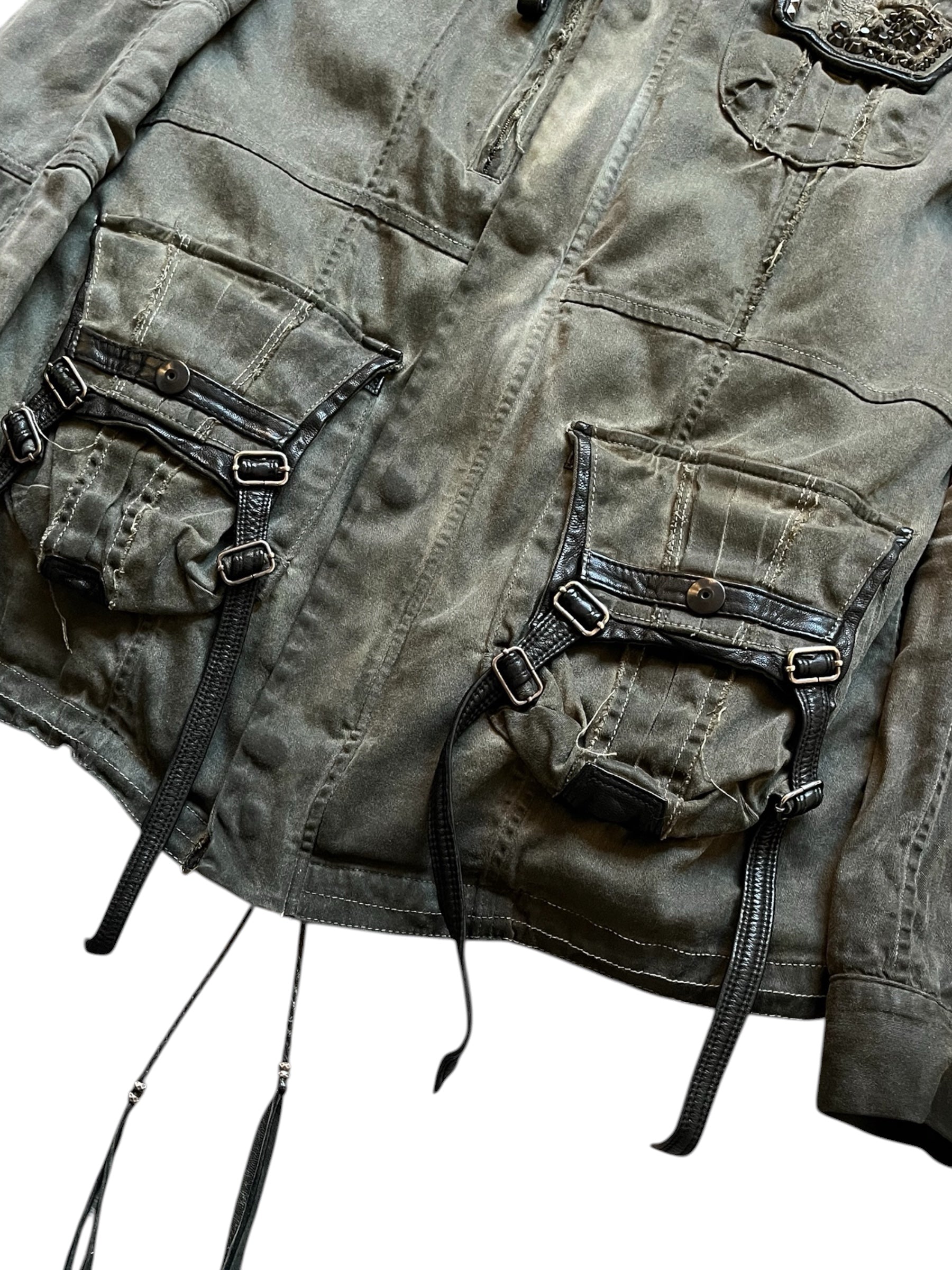 KMRii black shadow military jacket with structured design and button details, showcasing a stylish 2000s-inspired outerwear piece.