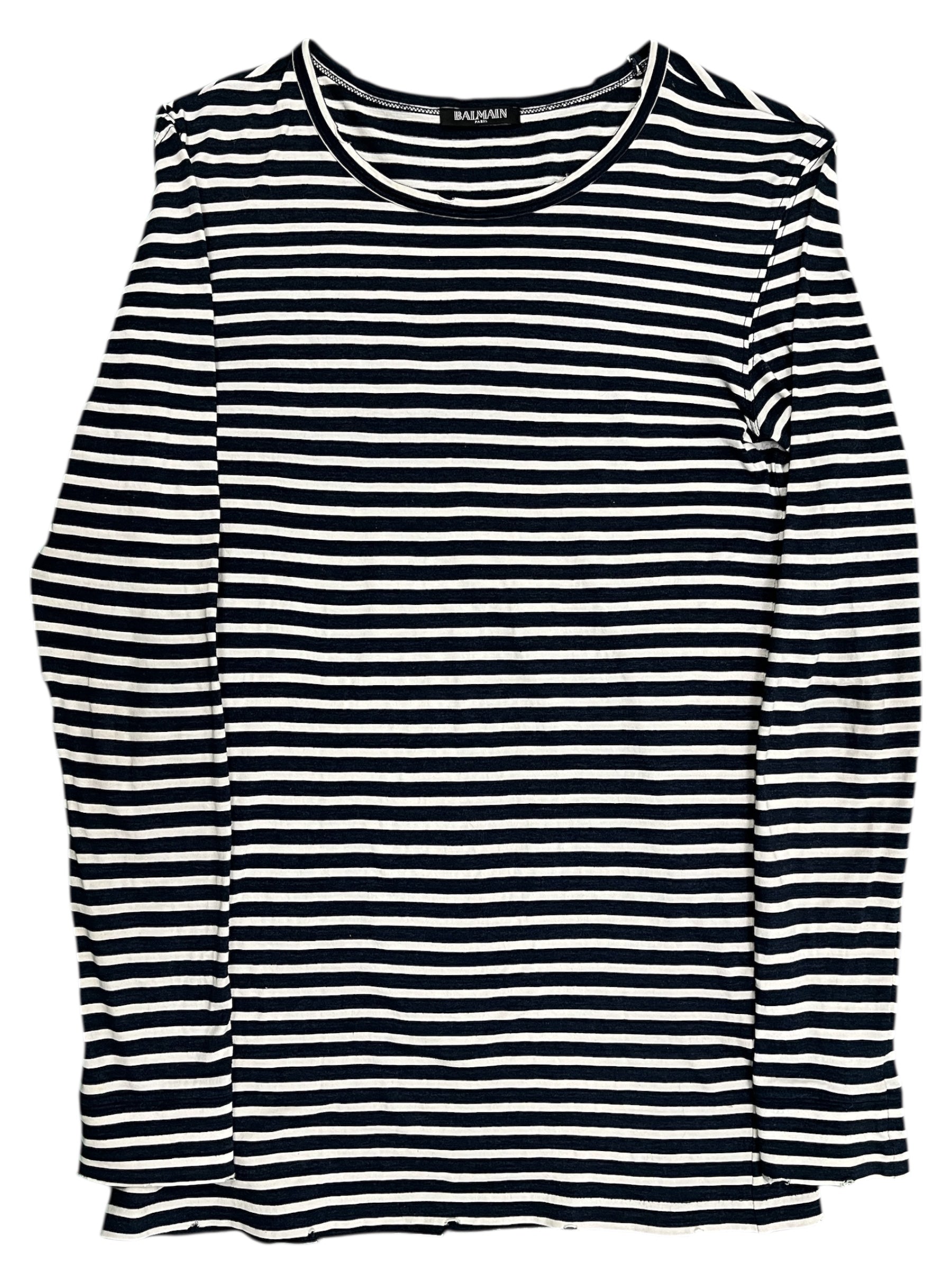 Balmain Descarnin Era striped long sleeve T-shirt with bold horizontal patterns and classic crew neck design.
