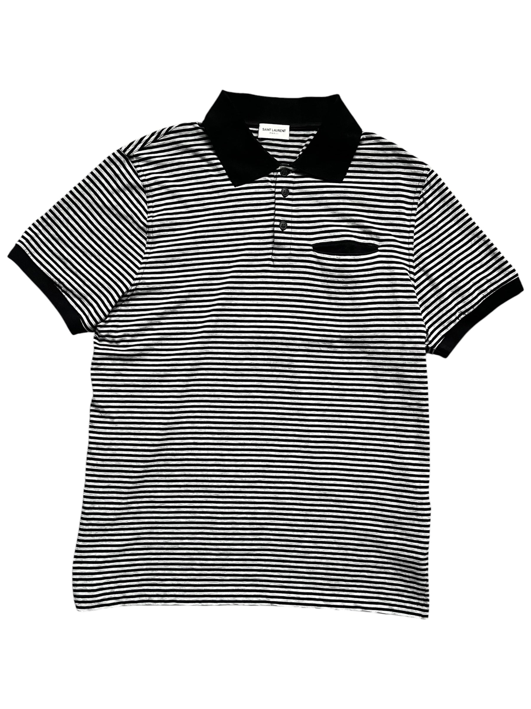 Saint Laurent SS20 black striped pocket polo shirt with short sleeves and classic collar, featuring a front chest pocket.