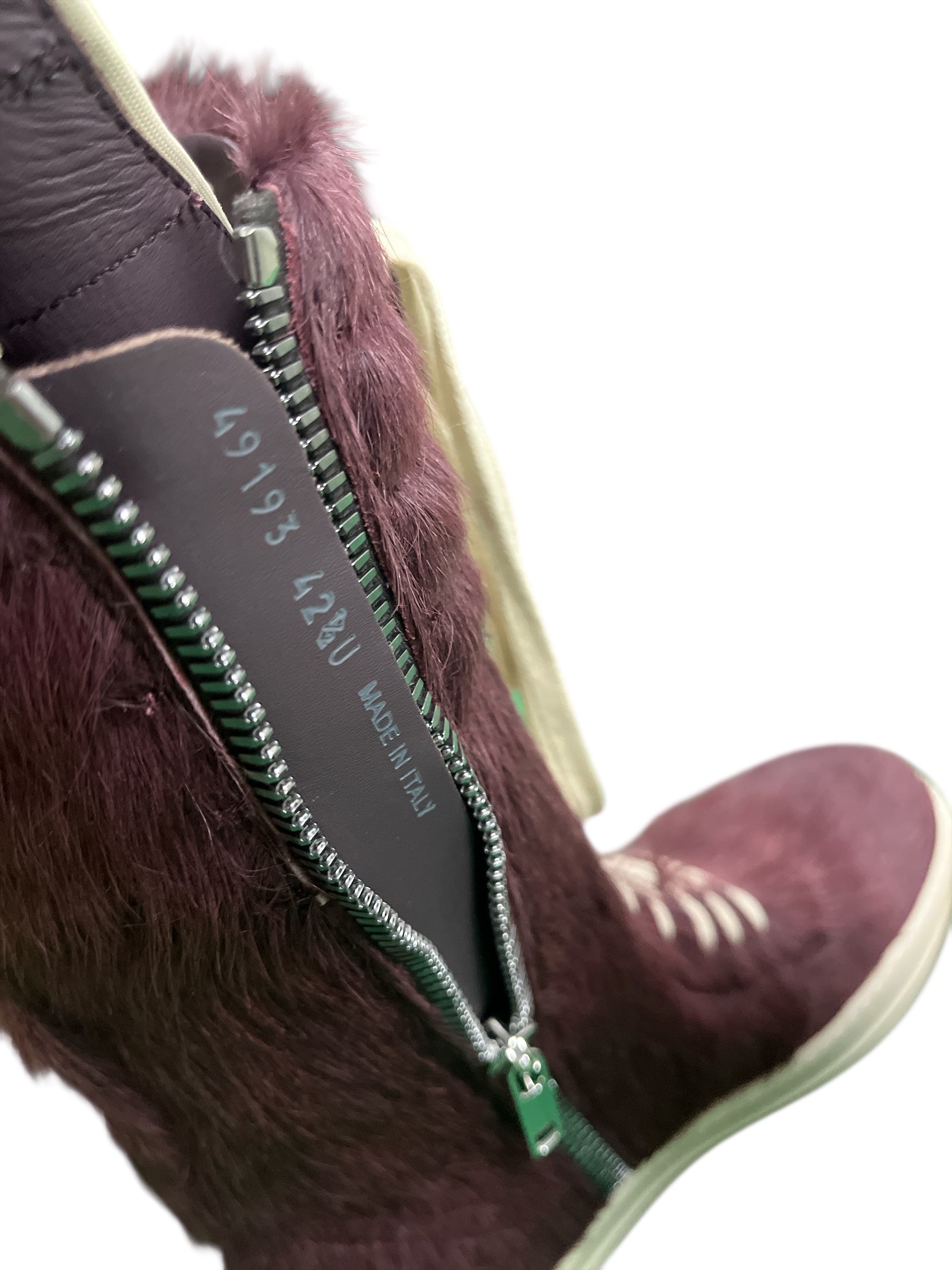 Rick Owens FW23 Luxor Amethyst Pony Hair Cargo Geobasket Sneakers with rugged design and high-top style.