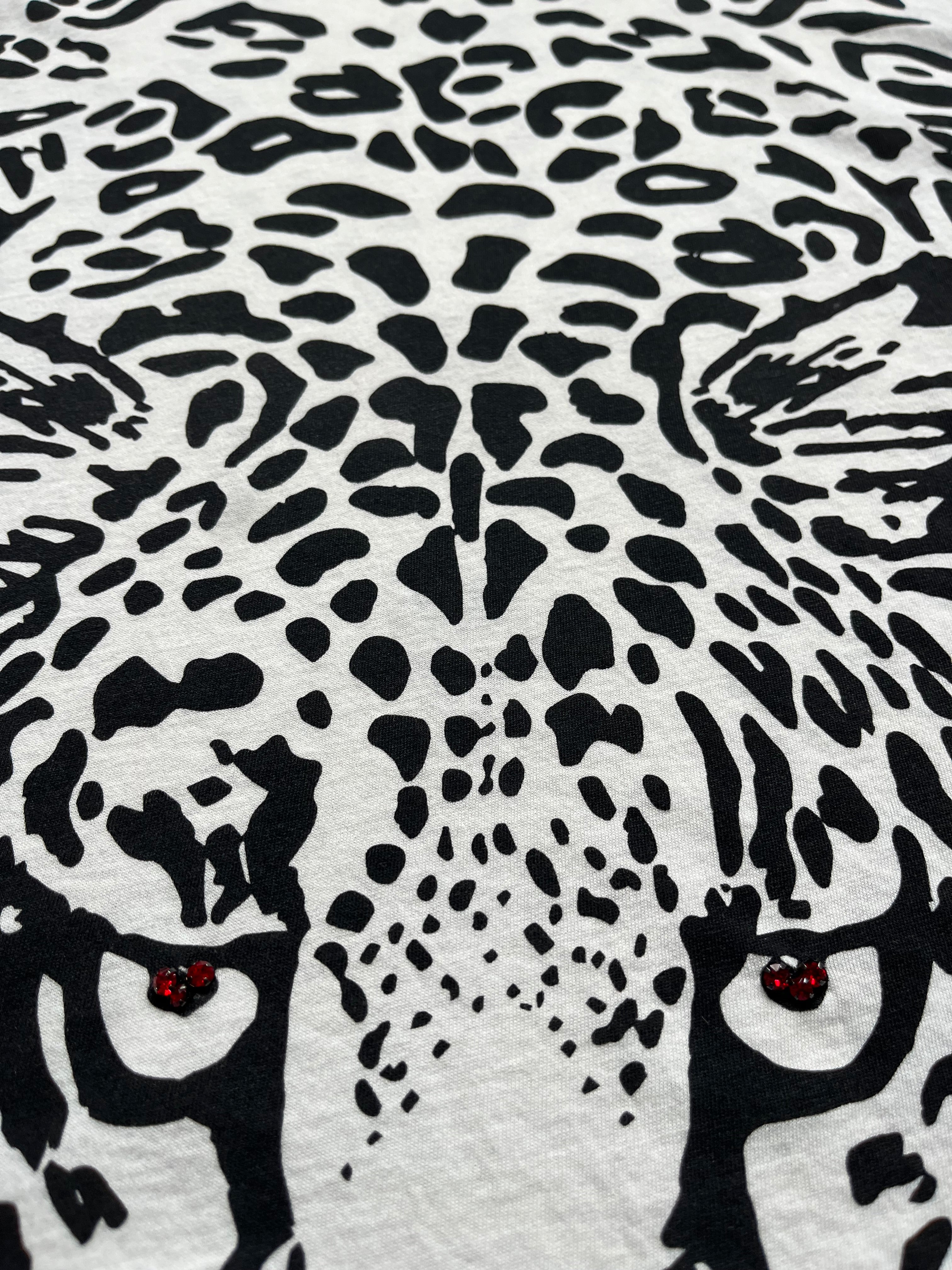 Saint Laurent AW16 leopard print T-shirt featuring a stylish design and classic crew neck, displayed on a flat surface.