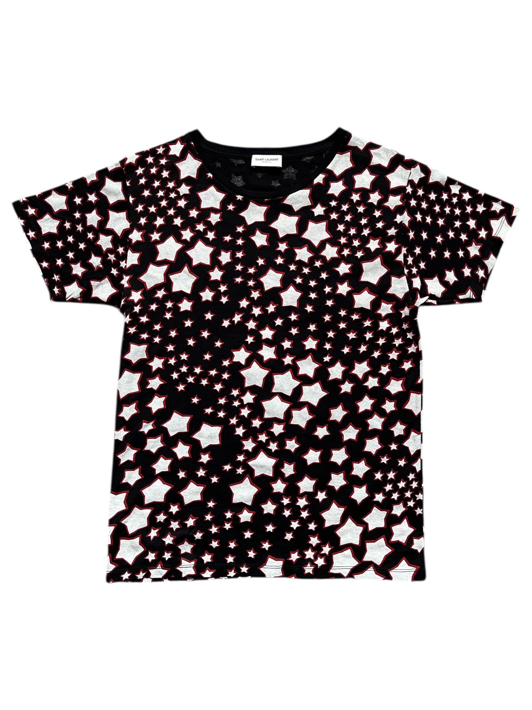 Black Saint Laurent SS14 star T-shirt with a bold star graphic on the front, casual fit, classic crew neck design.
