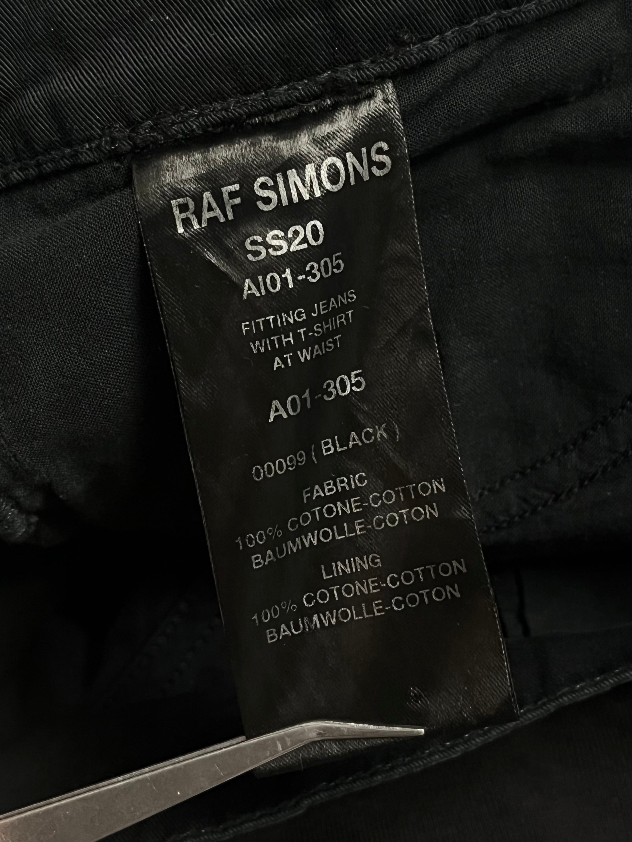 Raf Simons SS20 "My Own Private Antwerp" Redux Zombie Pants in dark fabric with distressed details and unique design.
