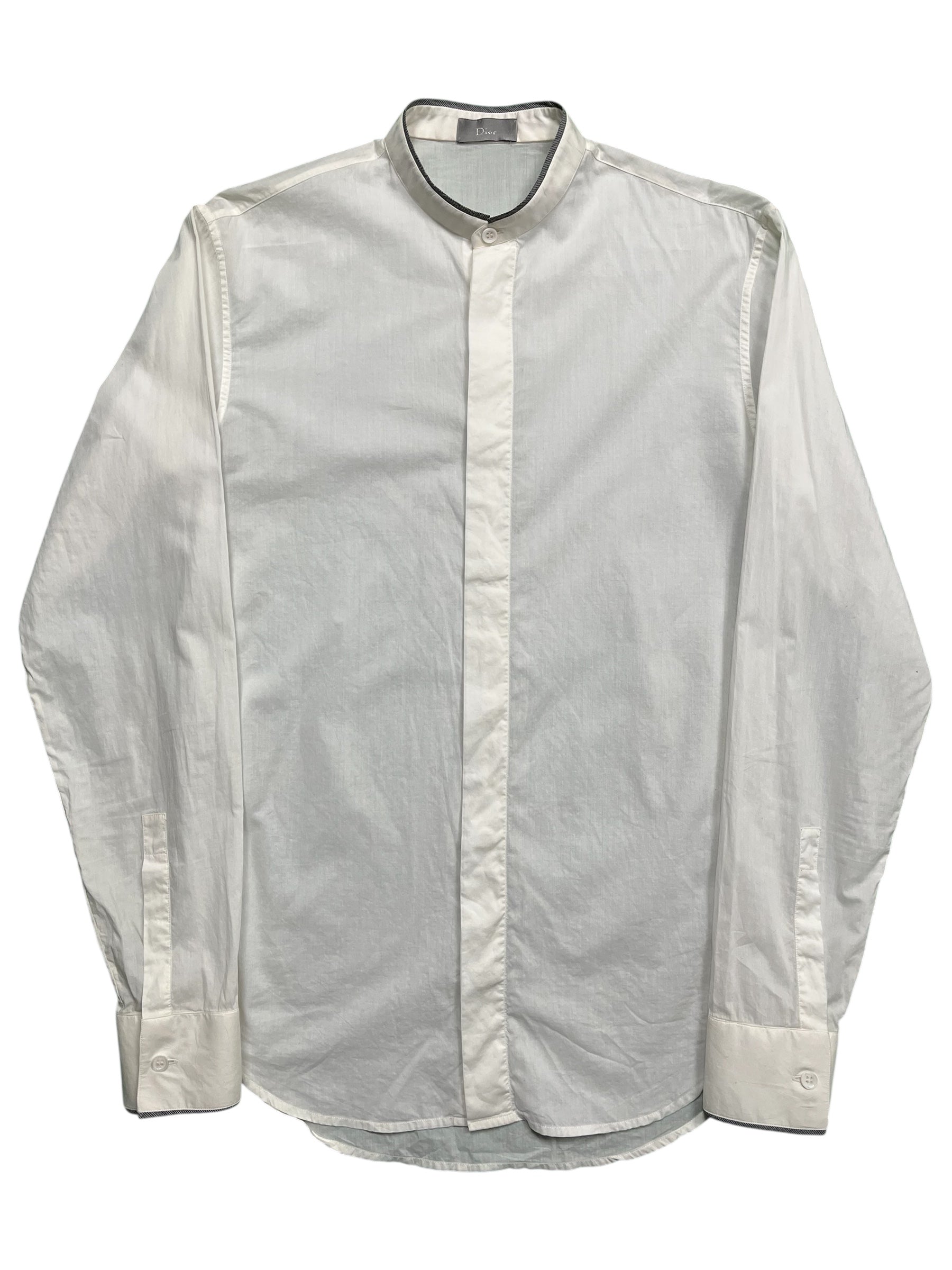 Dior SS07 "We Look Good Together" collarless shirt, white button-up shirt with minimalist design and clean fit.
