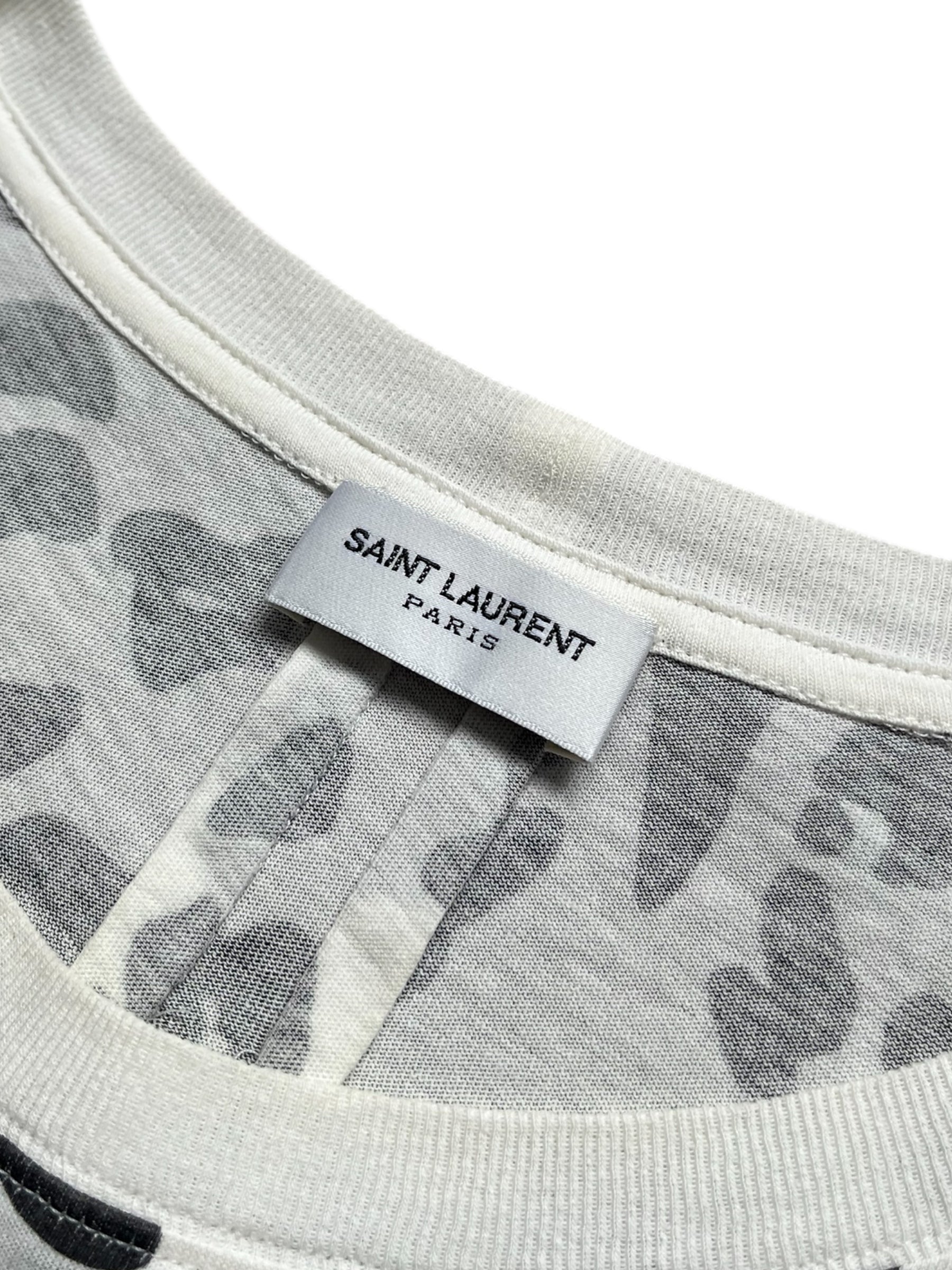 Saint Laurent AW16 leopard print T-shirt featuring a classic crew neck and bold animal pattern.