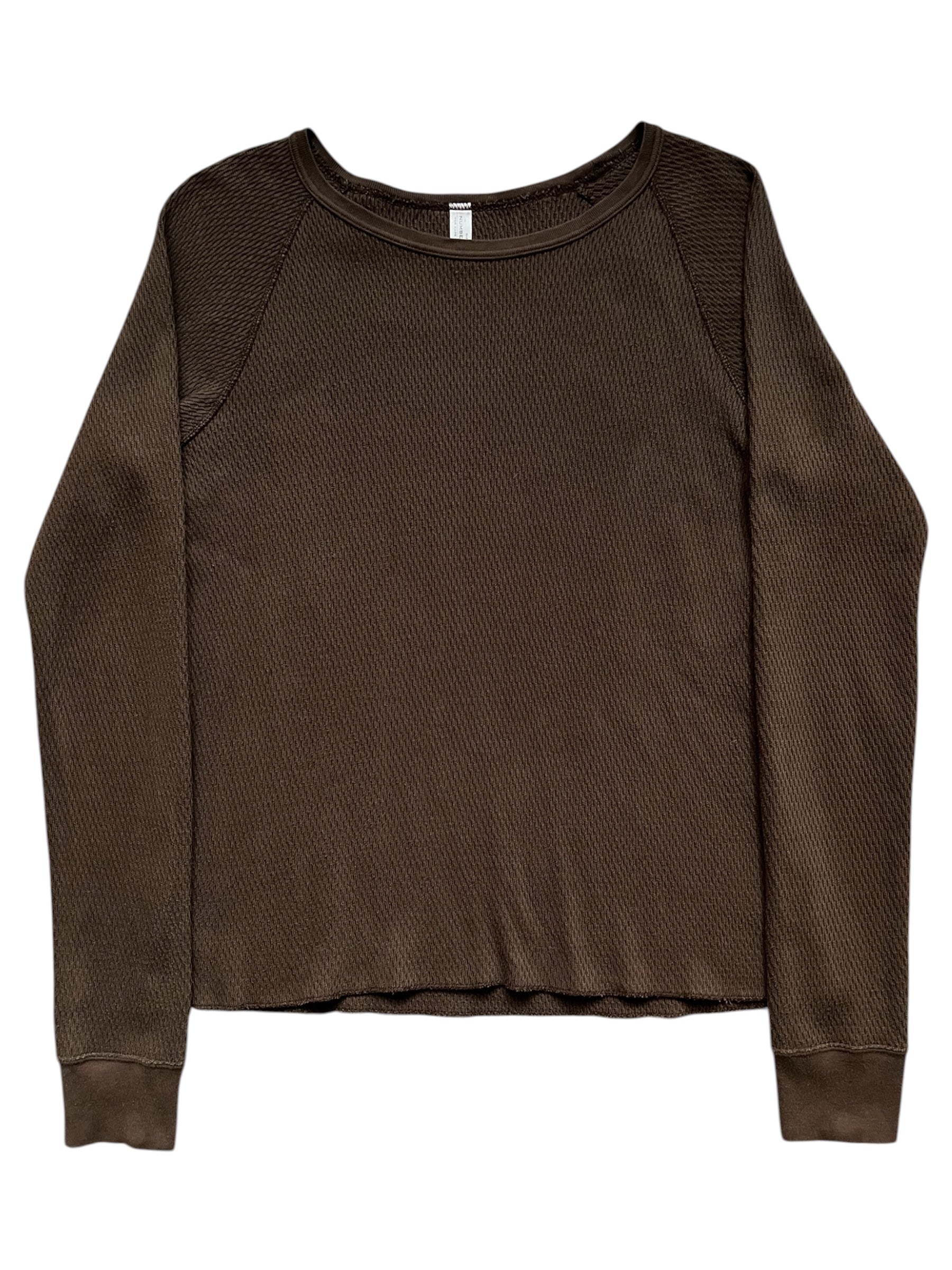Number (N)ine 00s brown heavy thermal long sleeve shirt with ribbed cuffs and collar, displayed on a neutral background.