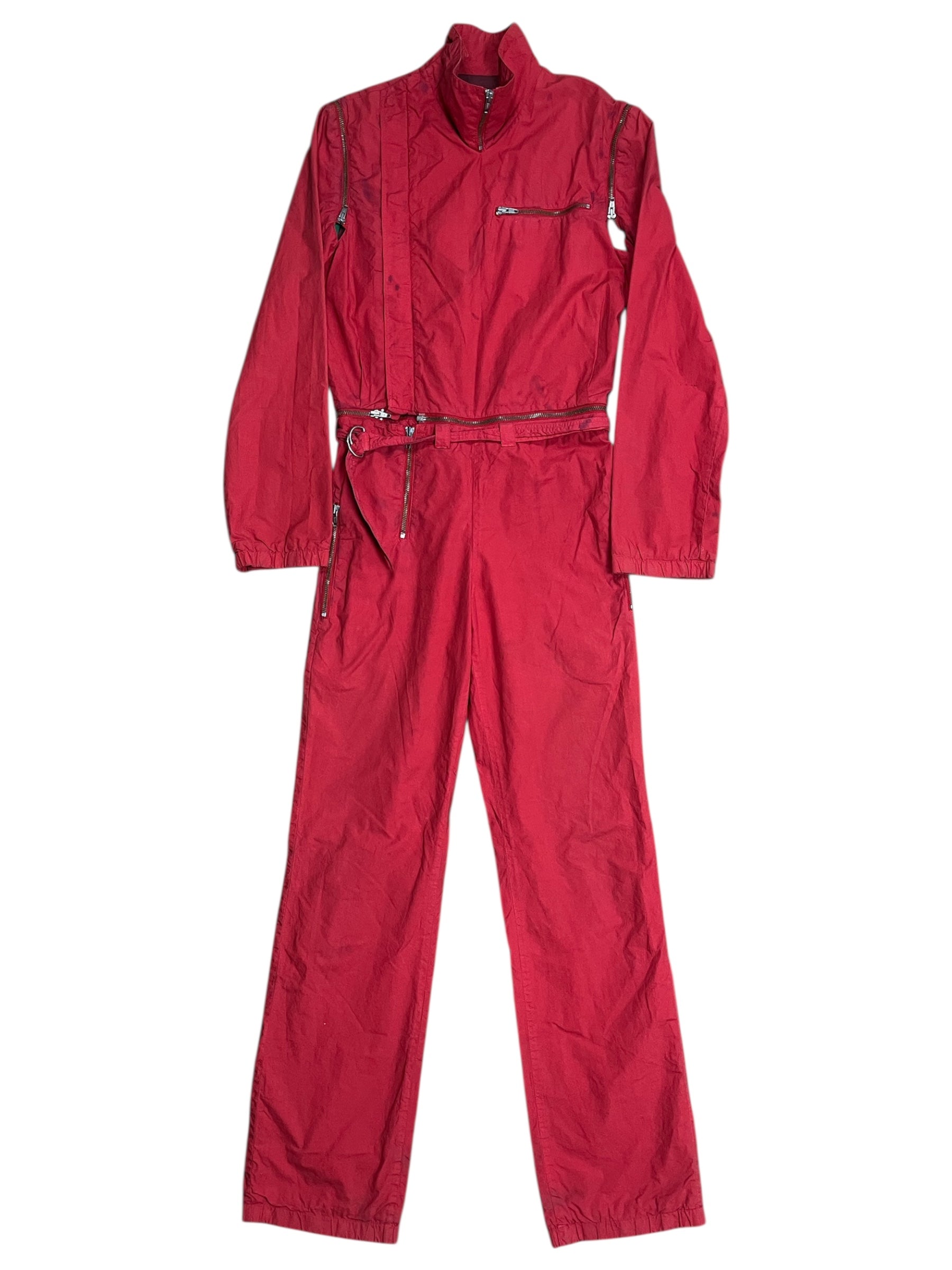 Red Raf Simons SS02 "Woe Onto Those" coverall boiler suit with a sleek, modern design and functional pockets.