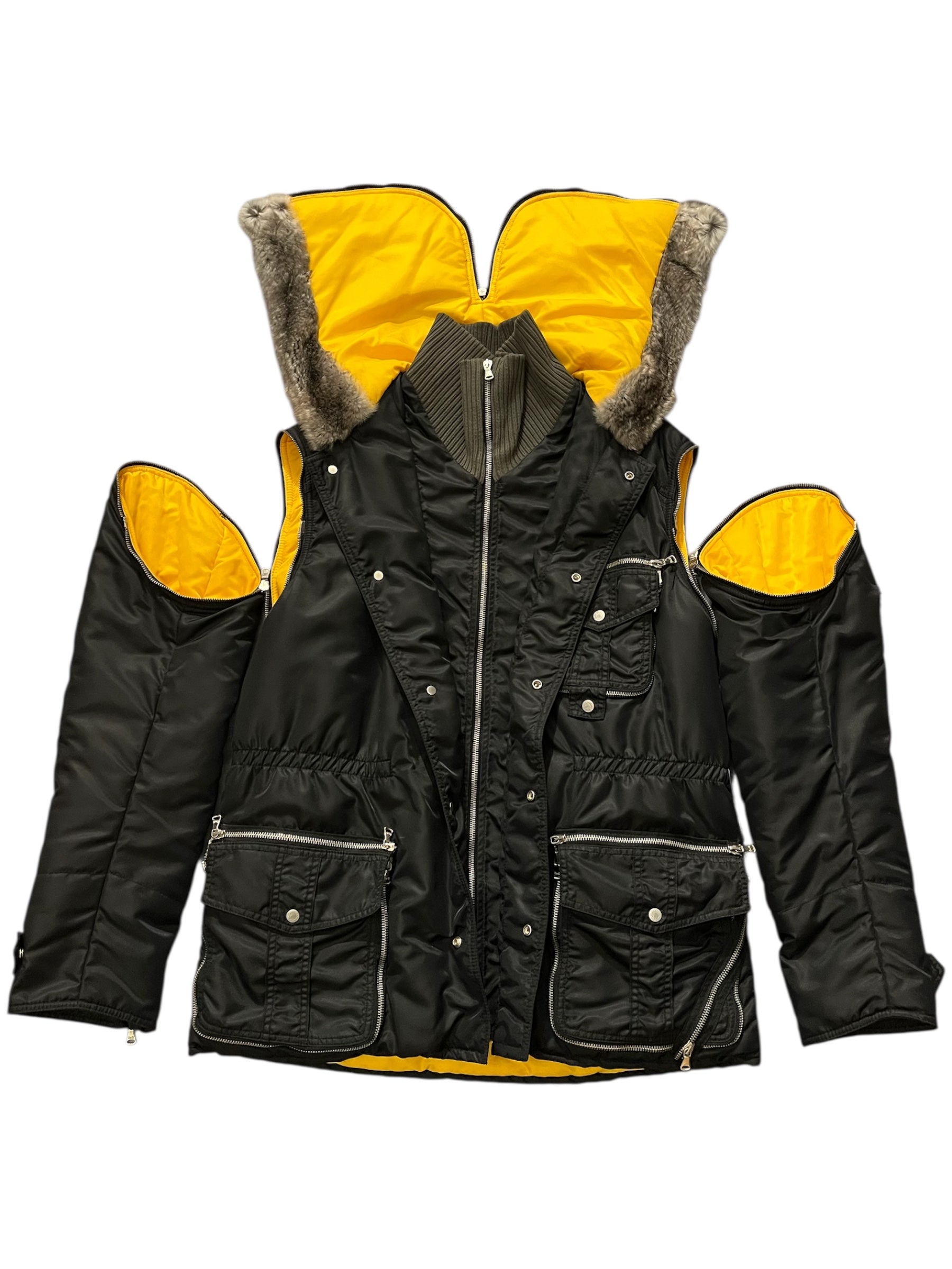 Dolce & Gabbana FW03 Hunter multi-zip jacket with multiple zippers and stylish design, displayed on a hanger.