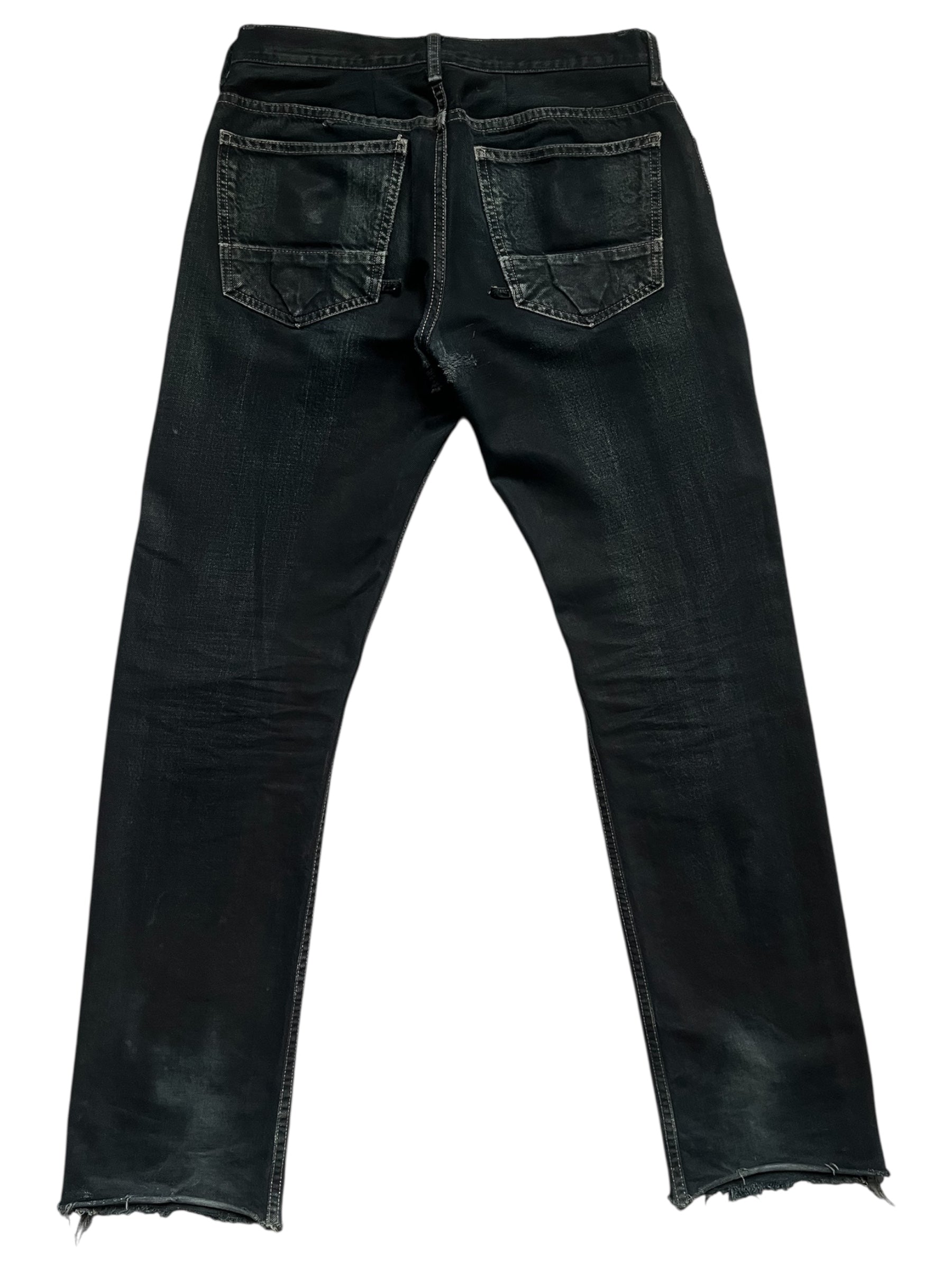 Rick Owens 2006 Slab Black Faded Denim Pants with distressed detailing and relaxed fit, displayed on a neutral background.