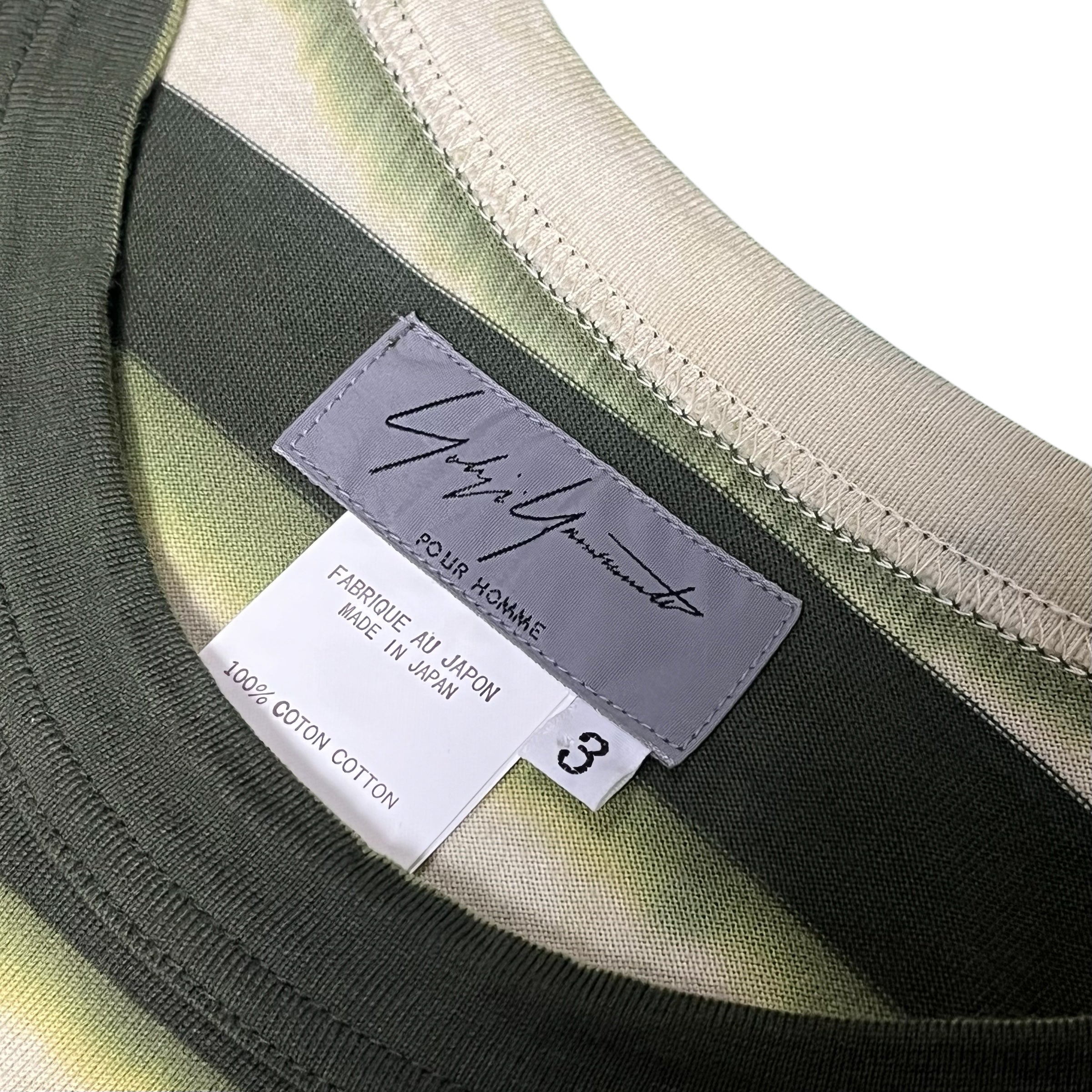 Yohji Yamamoto SS02 striped T-shirt with black and white horizontal stripes, casual fit, classic crew neckline, front view.