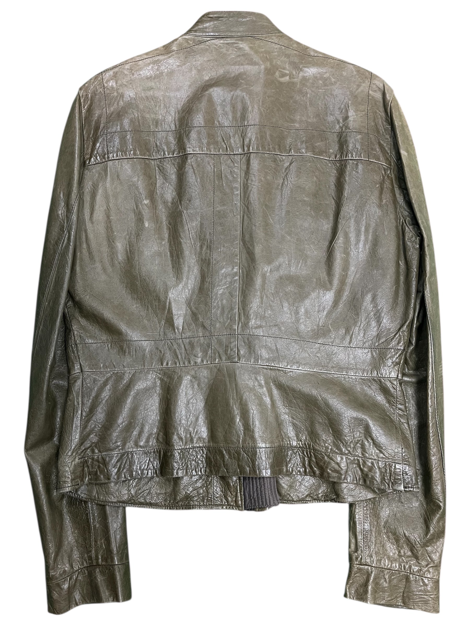 Rick Owens AW04 Queen runway green lambskin jacket displayed on a hanger with detailed leather texture and sleek design.