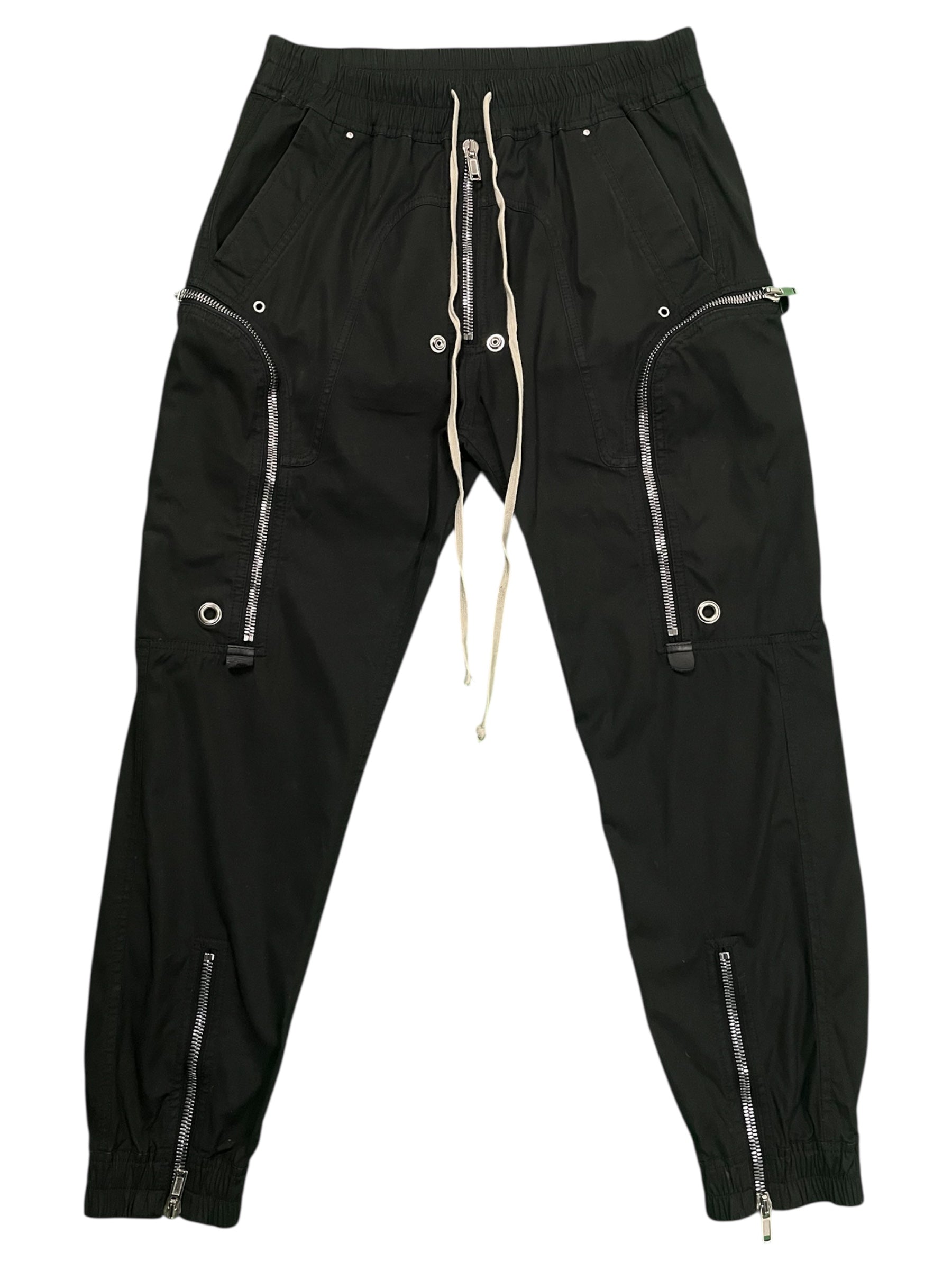 Rick Owens FW23 Luxor Bauhaus Cargo Jogger Pants, stylish men's pants with a modern design and cargo pockets, in black fabric.