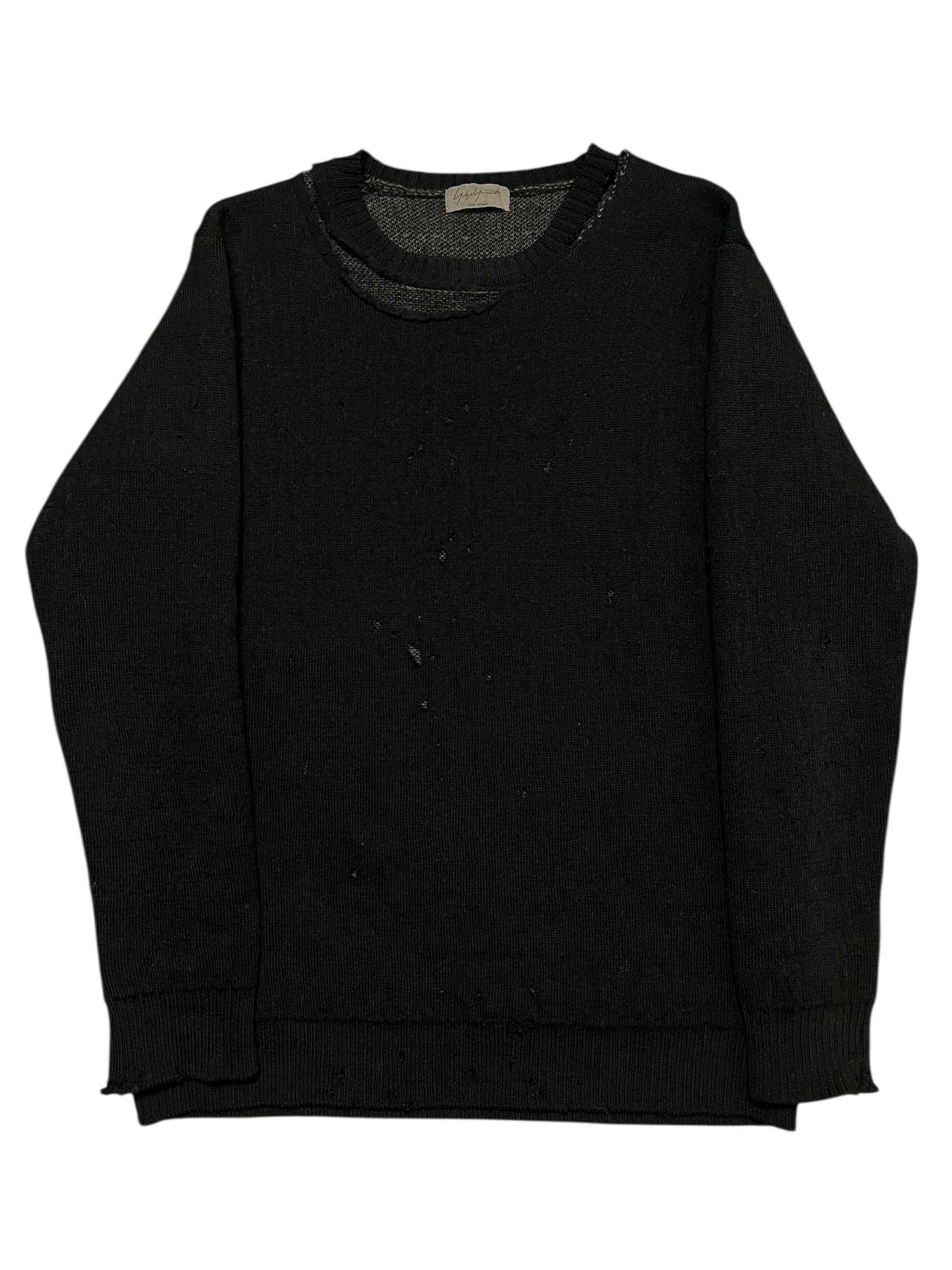 Yohji Yamamoto AW15 distressed wool knit sweater with a textured, edgy design and relaxed fit.