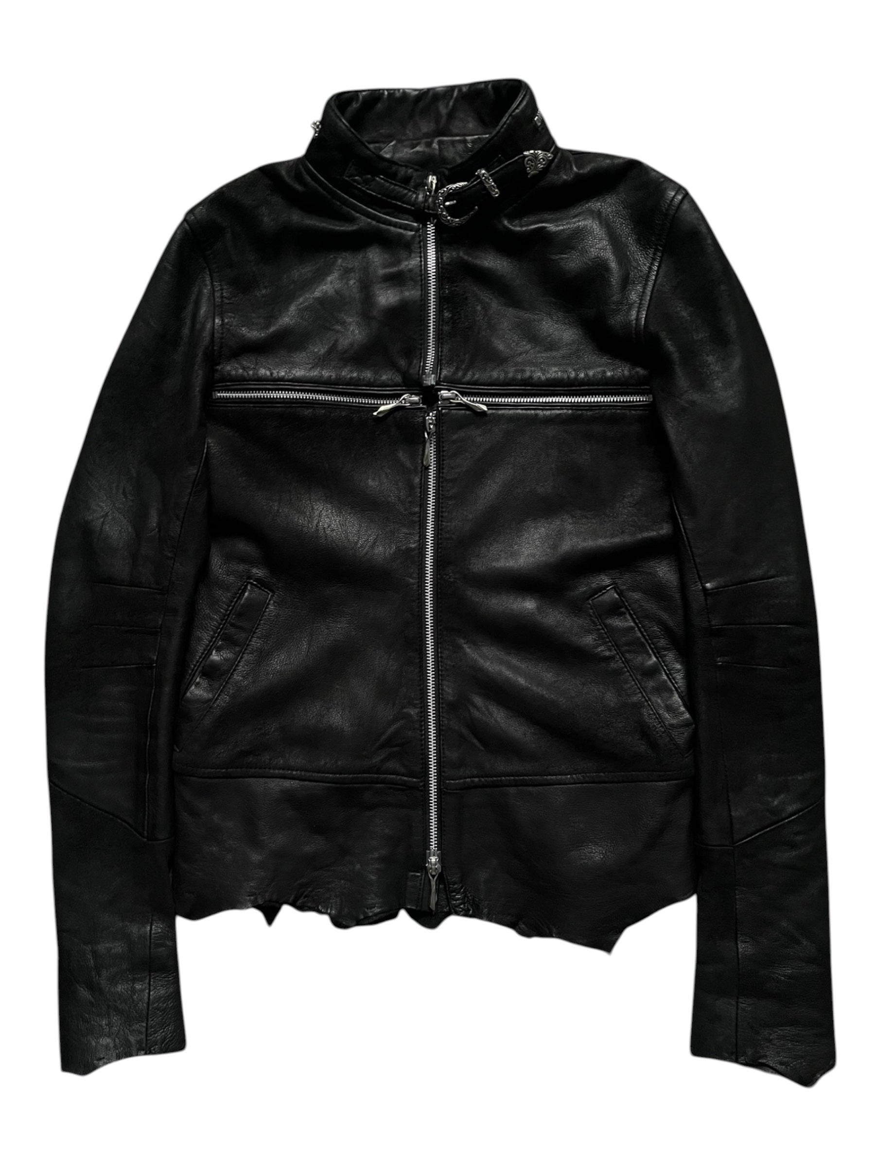 Black sheepskin jacket with cross-zip design by 14th Addiction, featuring a stylish and textured leather exterior.