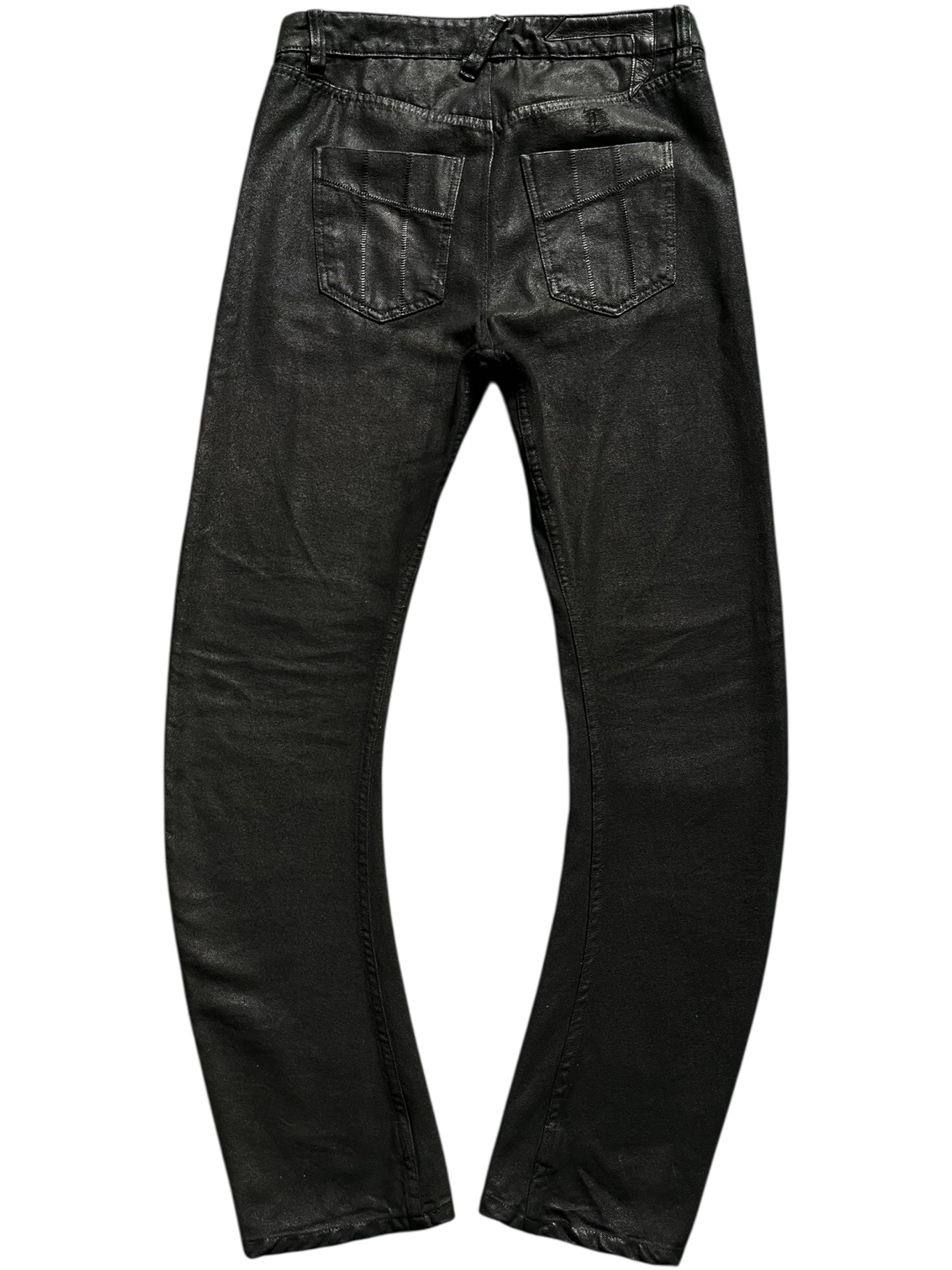Boris Bidjan Saberi P-13 J-Cut waxed denim pants showing distressed details and slim fit design on a mannequin.