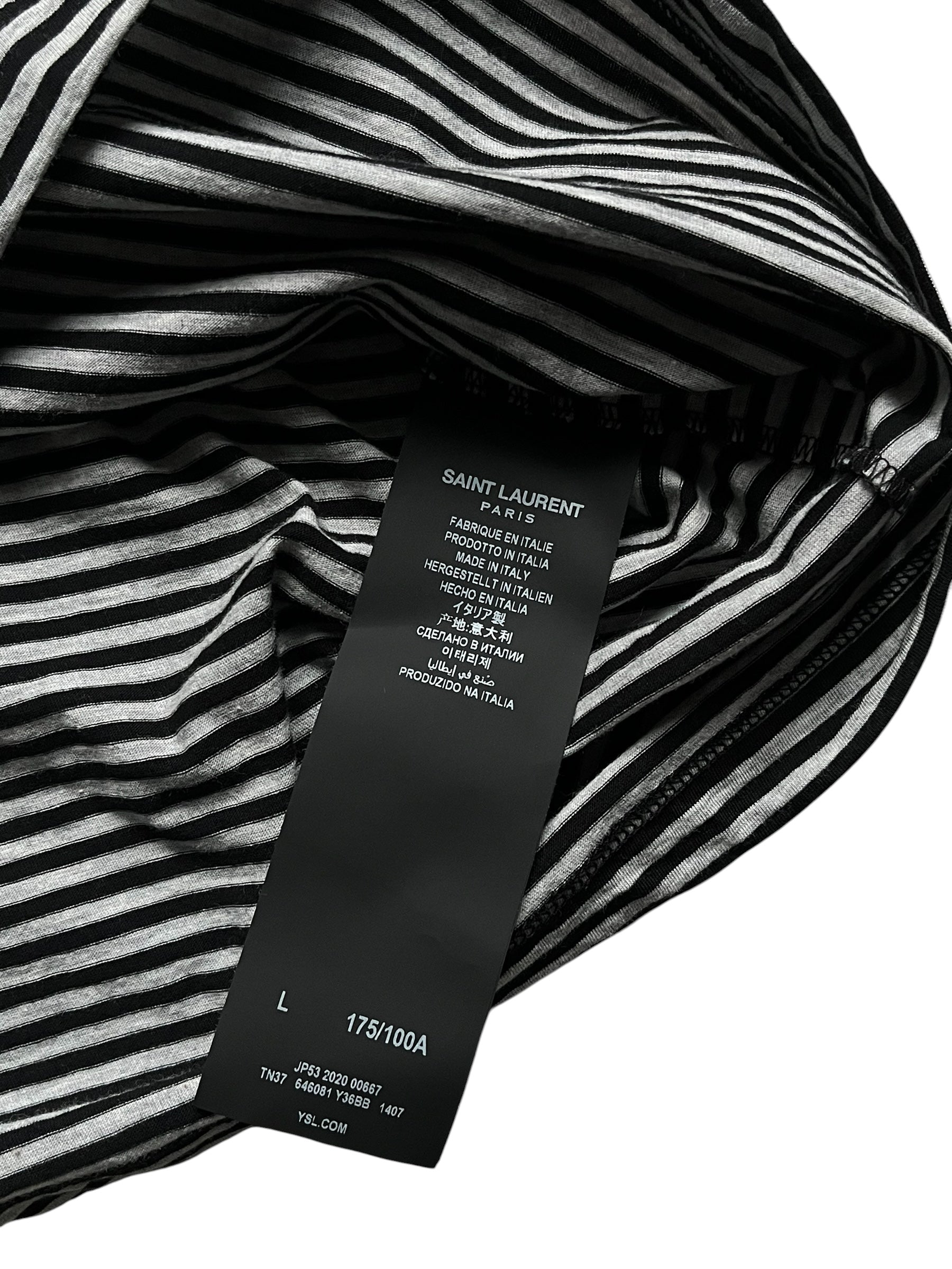 Saint Laurent SS20 black striped pocket polo shirt, close-up showing collar, stripes, and front pocket detail