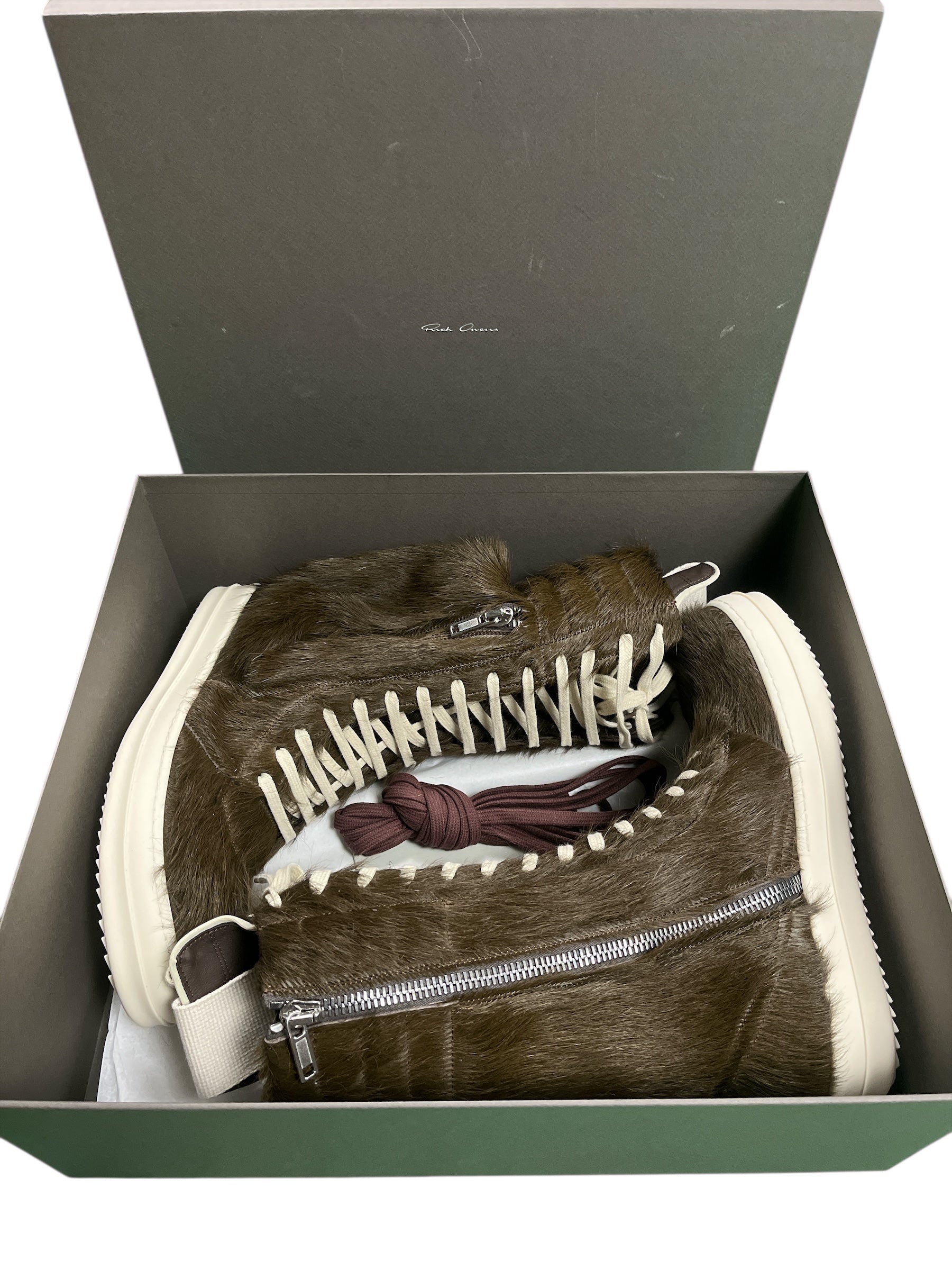 Rick Owens FW23 Luxor brown pony hair cargo Geobasket sneakers showing textured leather, high-top design, and chunky sole.