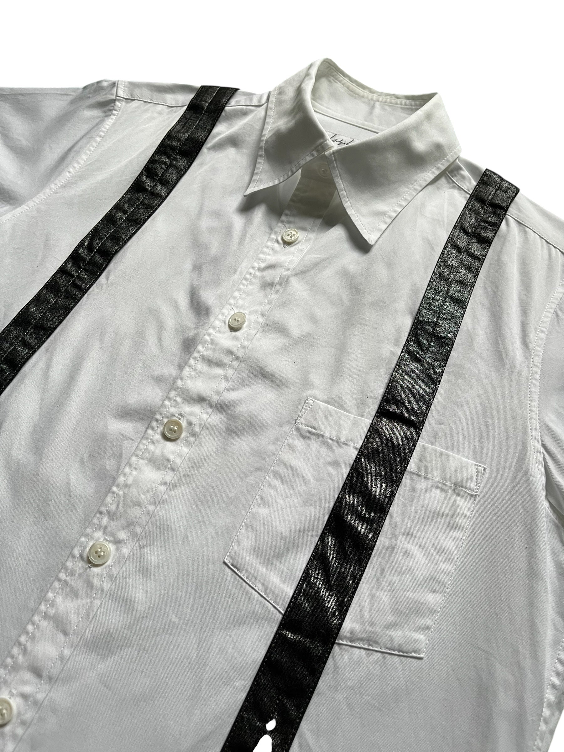 Yohji Yamamoto SS07 Trompe-L’œil suspenders shirt, featuring artistic printed design and classic button-up style.