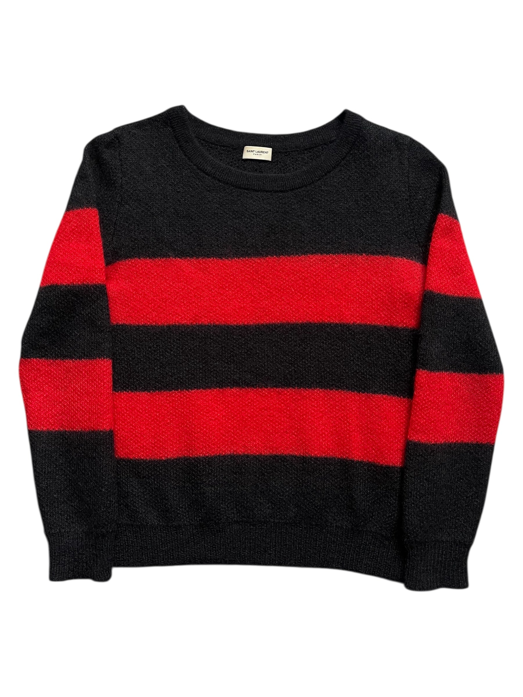Saint Laurent AW13 striped mohair knit sweater, featuring a cozy, stylish design with bold color stripes and textured fabric.