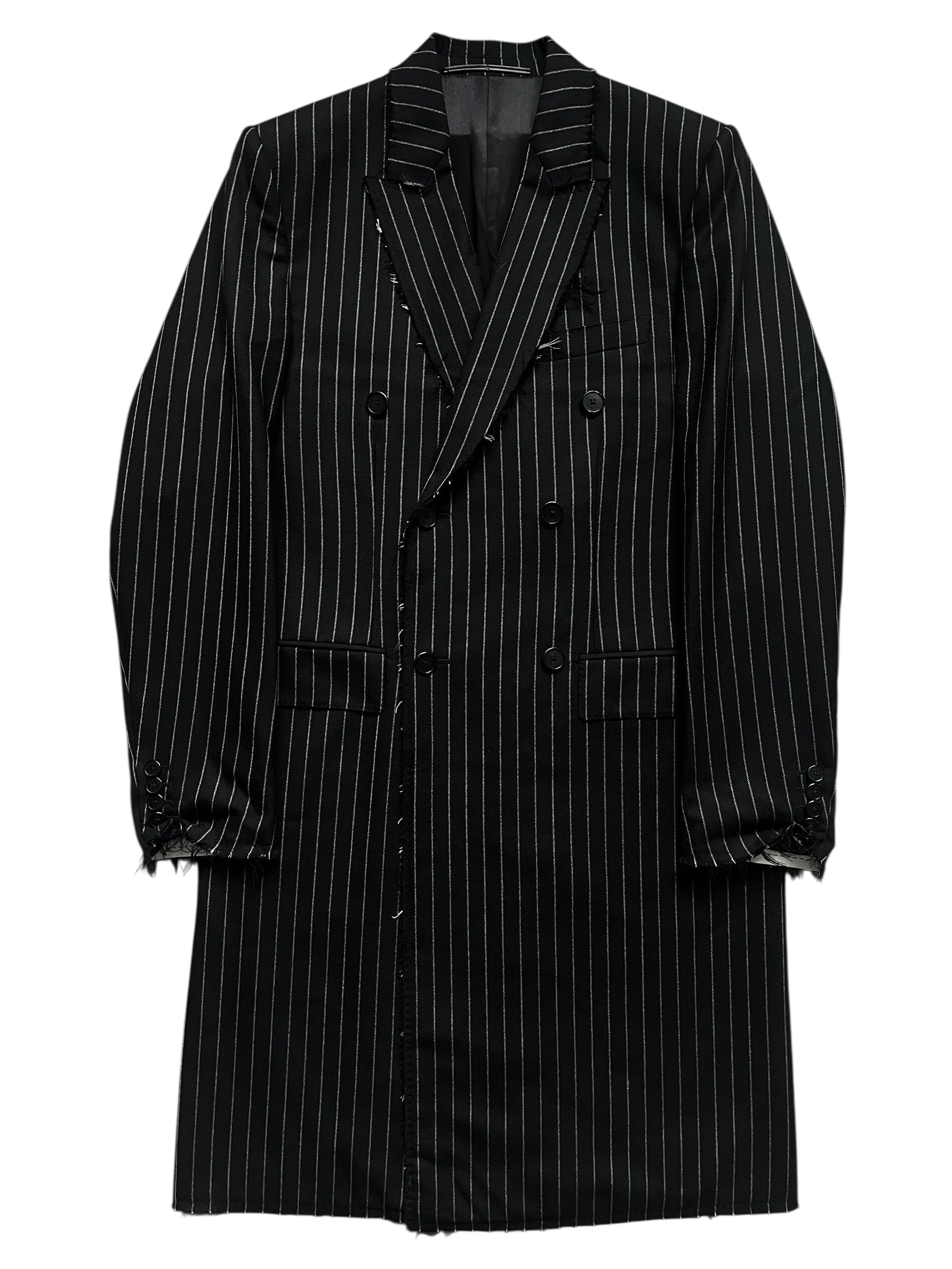 Givenchy FW15 distressed wool trench coat, stylish long coat with a rugged, worn-in look, showcased on a model.