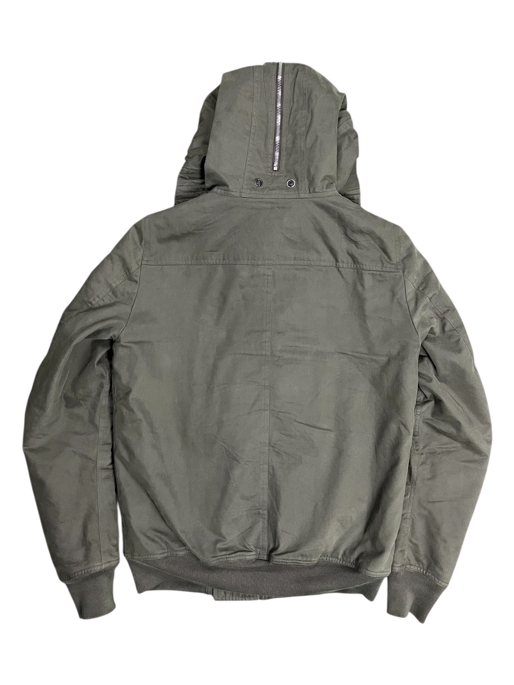 Rick Owens FW16 DRKSHDW Exploder bomber jacket, black with textured fabric, front zipper, and ribbed cuffs, displayed on a hanger.