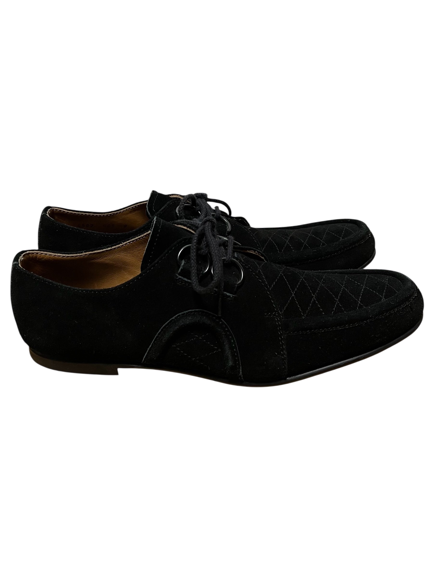 Number (N)ine AW04 "Give Peace A Chance" quilted suede derbys shoes with stitched detailing and classic lace-up design.