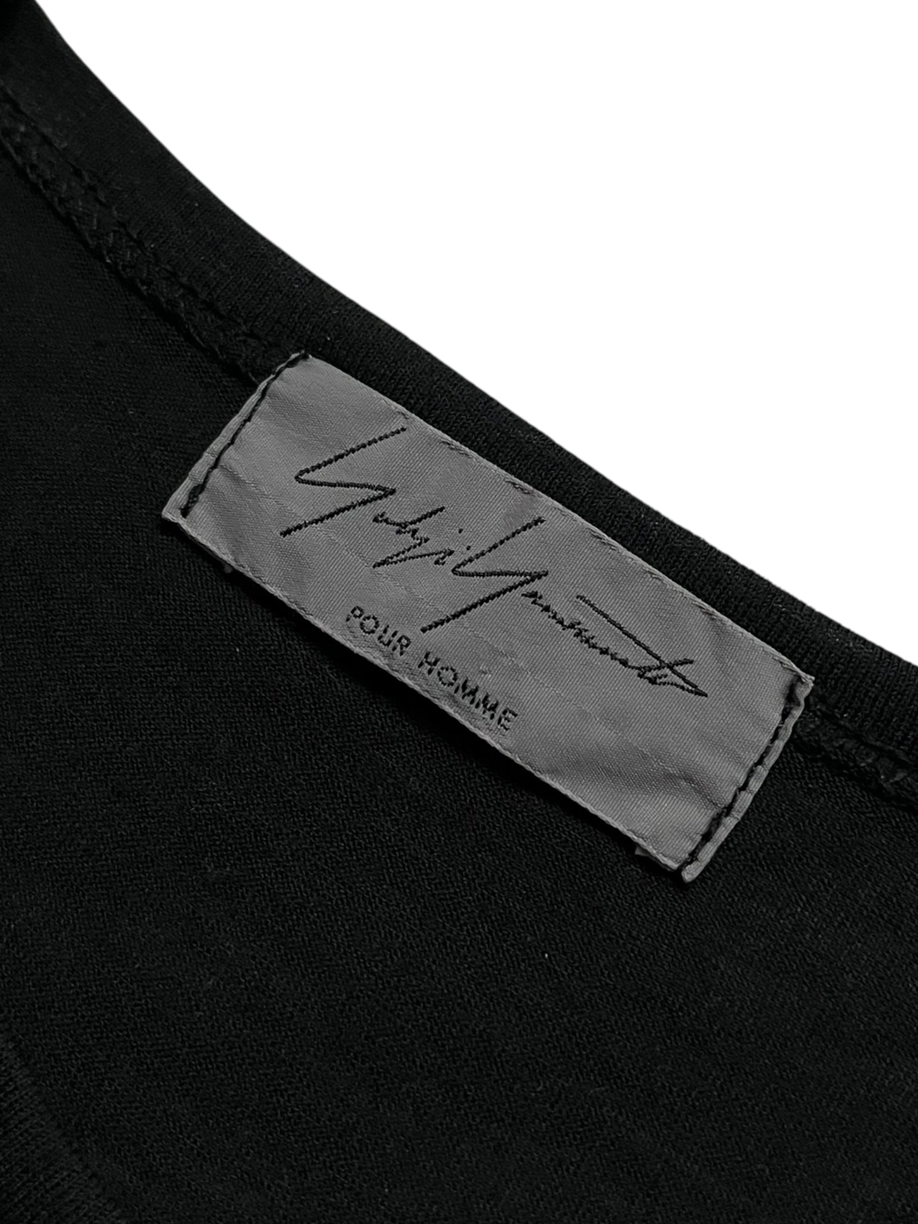 Black Yohji Yamamoto pocket T-shirt with short sleeves and crew neck, showcasing a minimalist design and soft fabric.
