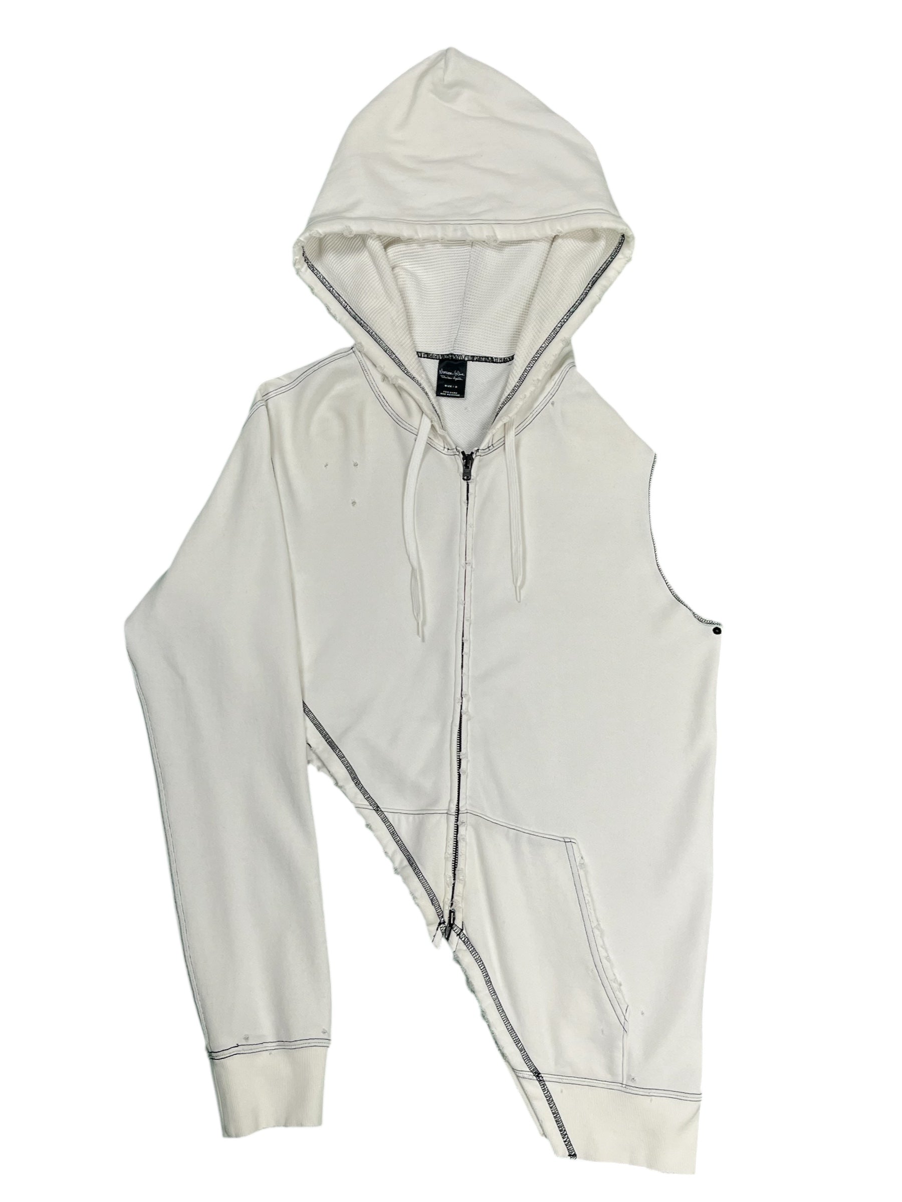 Number (N)ine SS05 Nightcrawler asymmetrical zip-up jacket displayed on hanger with front zipper and sleek design.