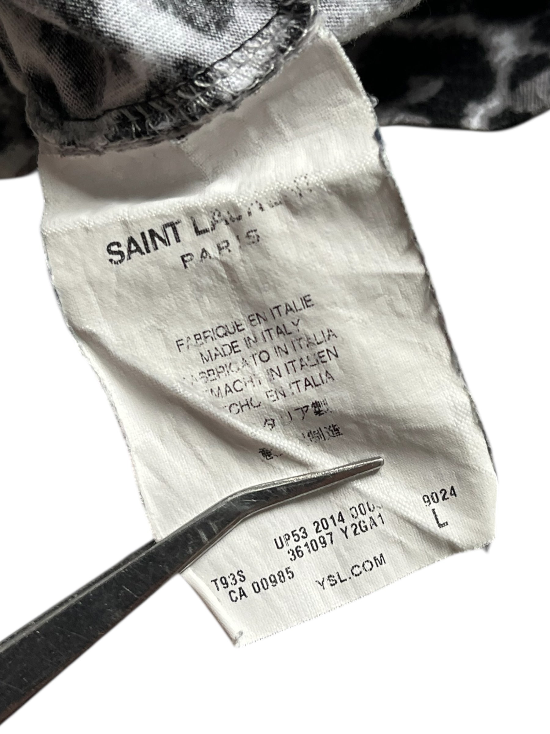 Saint Laurent SS14 cheetah print T-shirt featuring a bold animal pattern on soft fabric.
