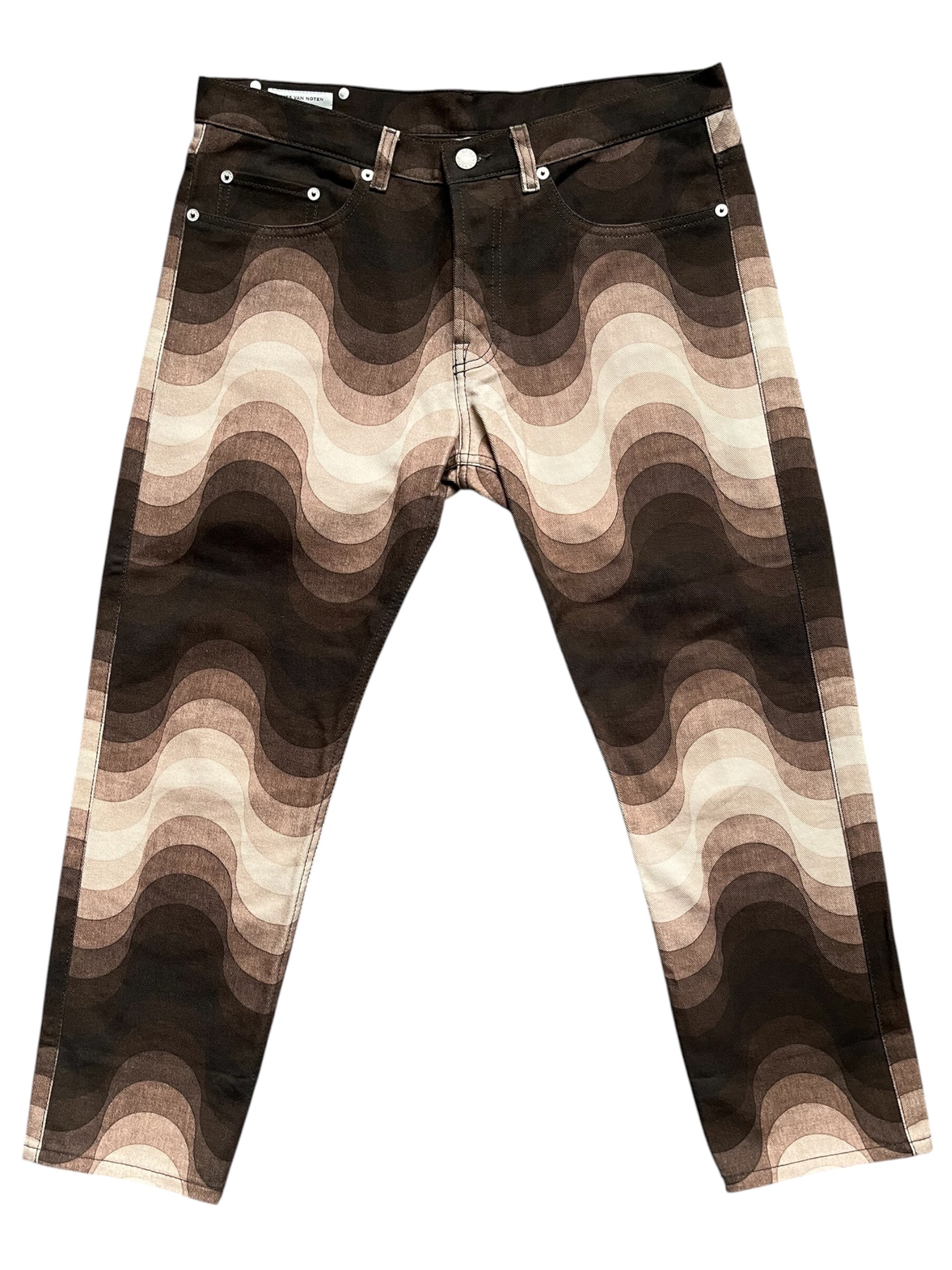 Dries Van Noten SS19 Verner Panton denim pants with a relaxed fit, showcasing classic blue denim fabric and stylish design details.